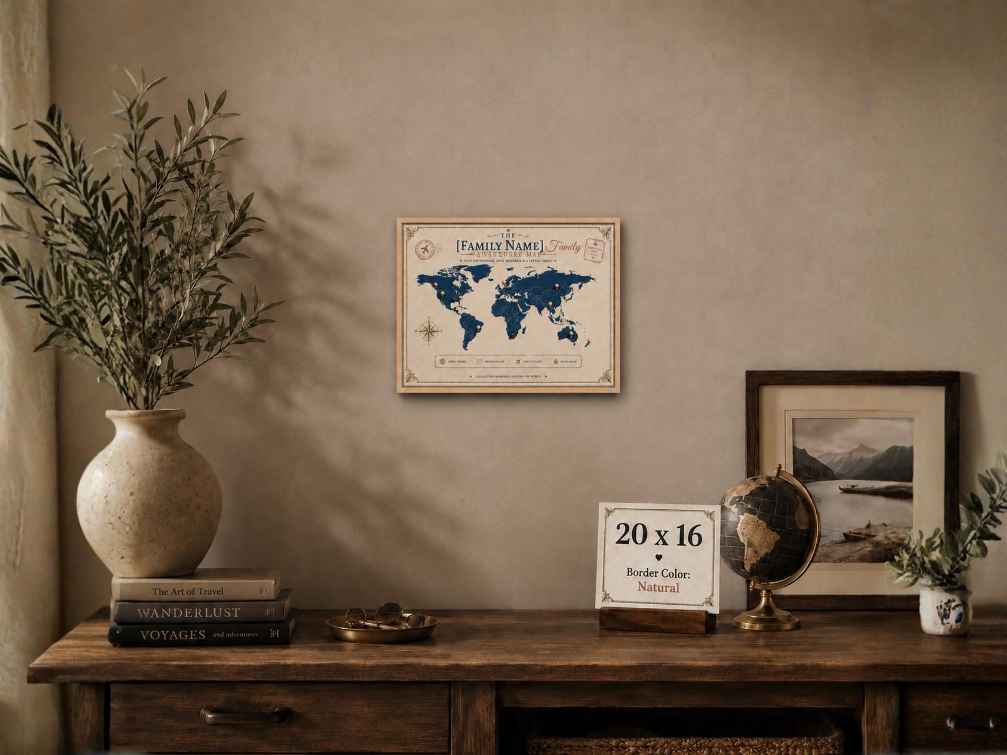 Custom family adventure map canvas with natural frame, push pin style world map wall decor, personalized travel gift for families and couples.