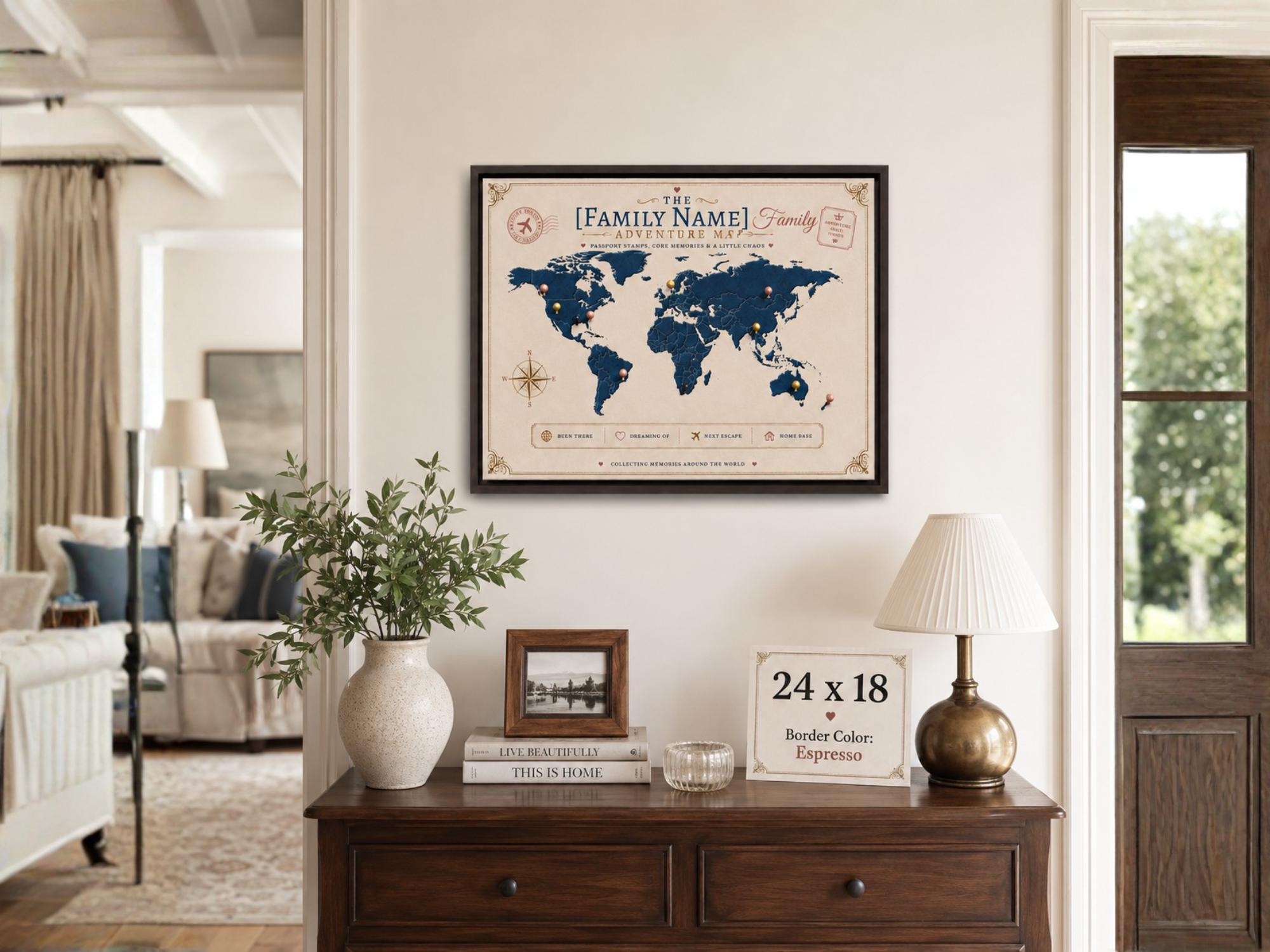 Custom family adventure map canvas with espresso frame, push pin style world map wall decor, personalized travel gift for families and couples.