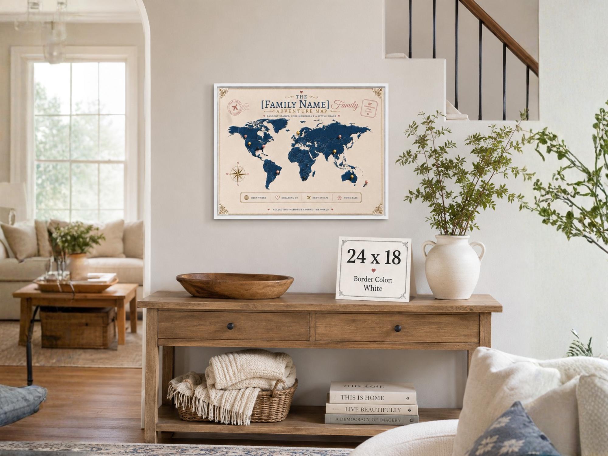 Custom family adventure map canvas with white frame, push pin style world map wall decor, personalized travel gift for families and couples.