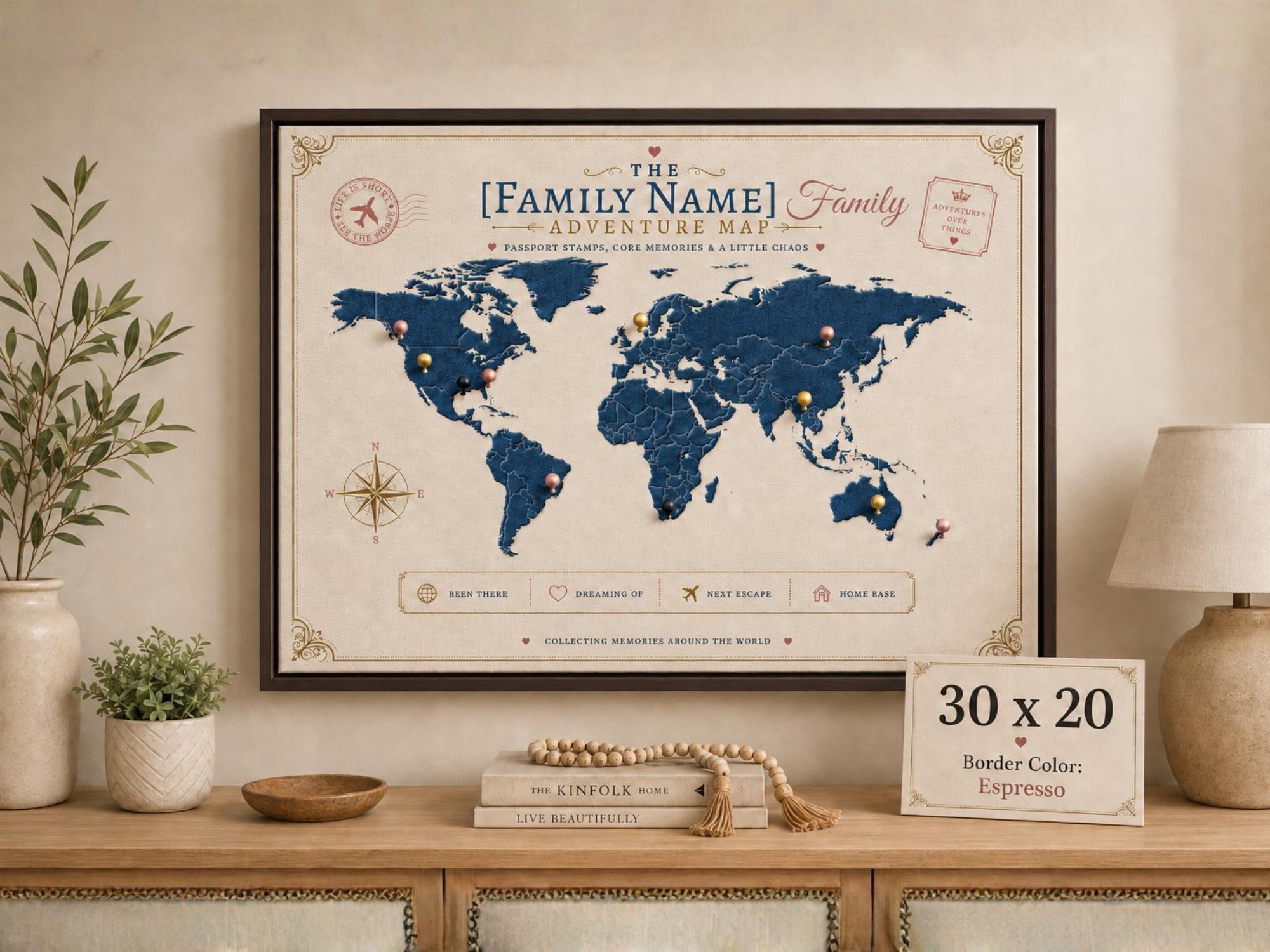 Custom family adventure map canvas with espresso frame, push pin style world map wall decor, personalized travel gift for families and couples.