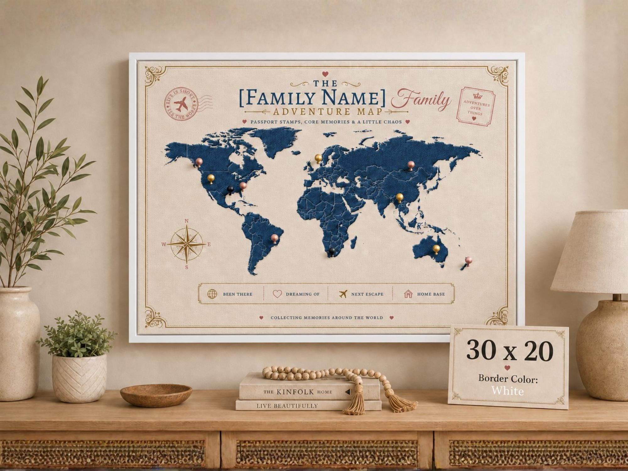 Custom family adventure map canvas with white frame, push pin style world map wall decor, personalized travel gift for families and couples.
