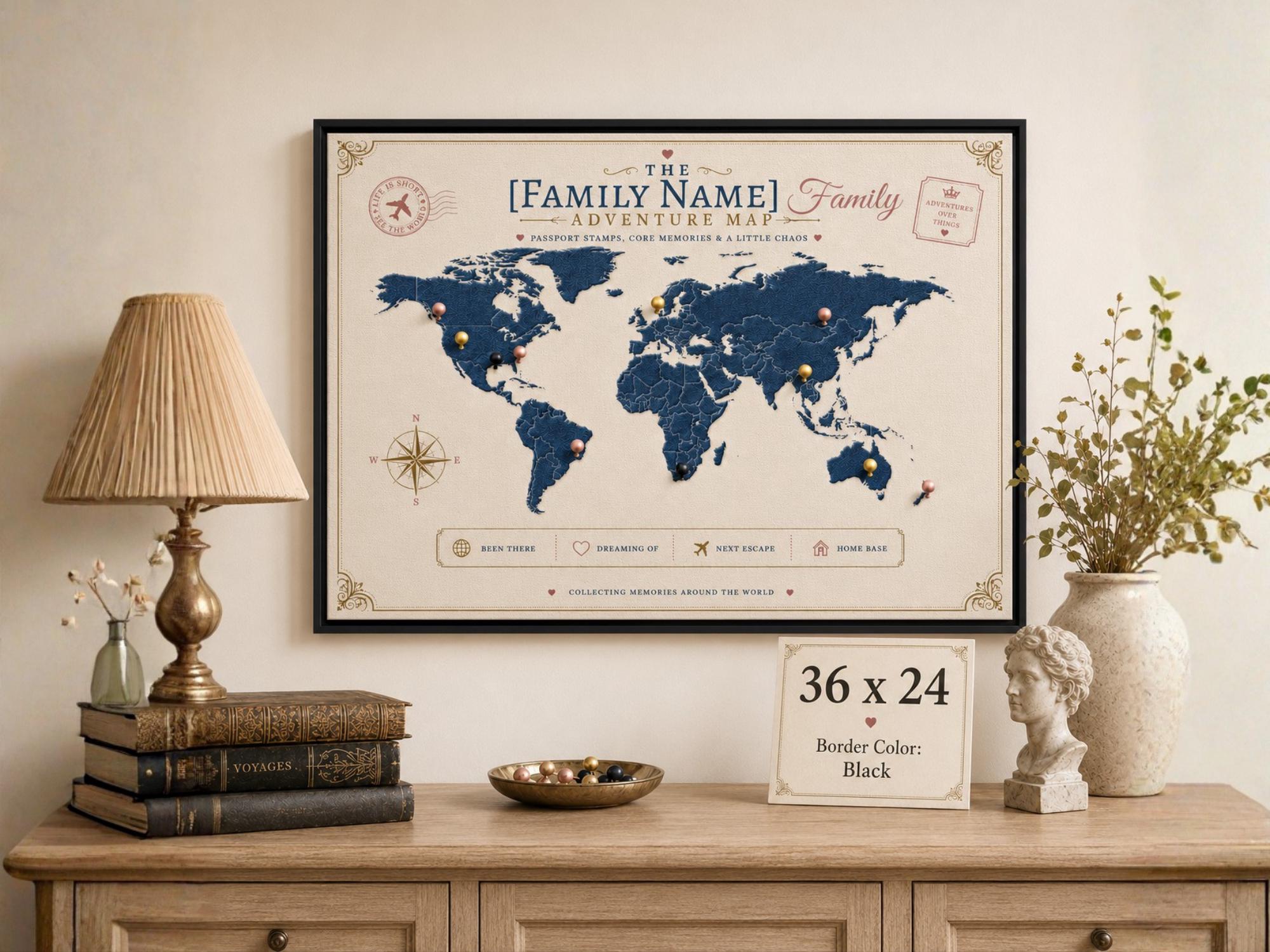 Custom family adventure map canvas with black frame, push pin style world map wall decor, personalized travel gift for families and couples.
