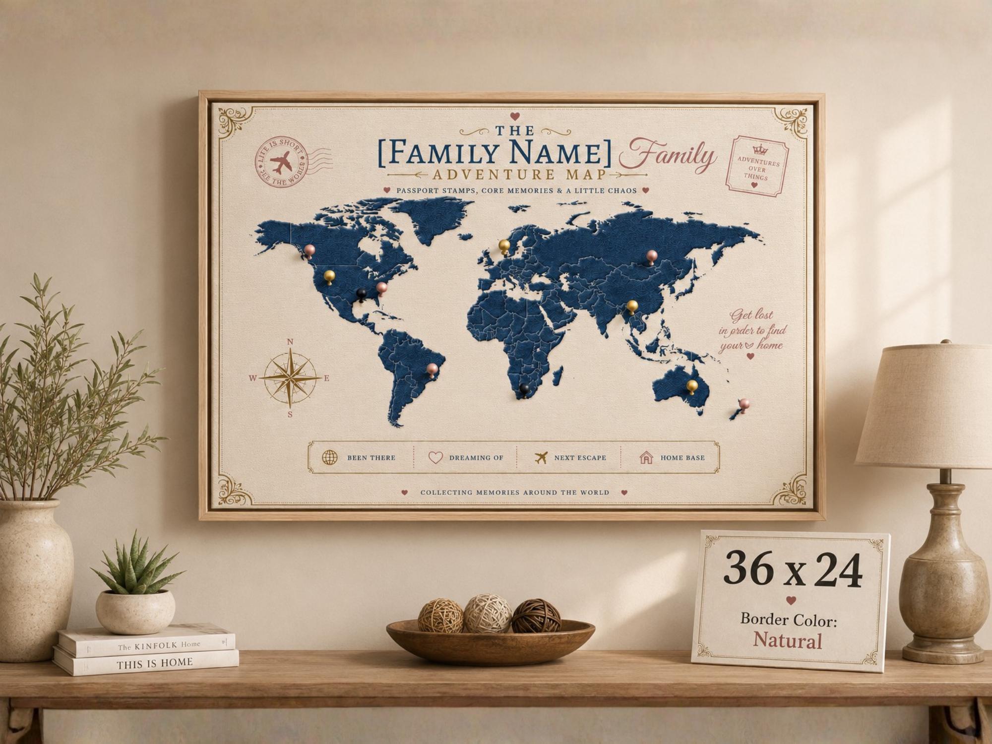 Custom family adventure map canvas with natural frame, push pin style world map wall decor, personalized travel gift for families and couples.