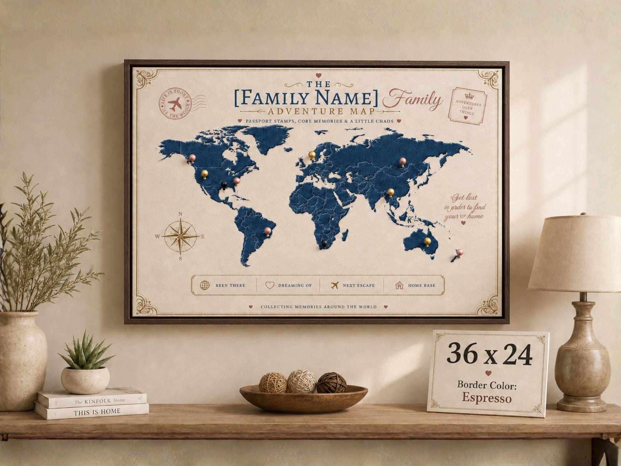 Custom family adventure map canvas with espresso frame, push pin style world map wall decor, personalized travel gift for families and couples.