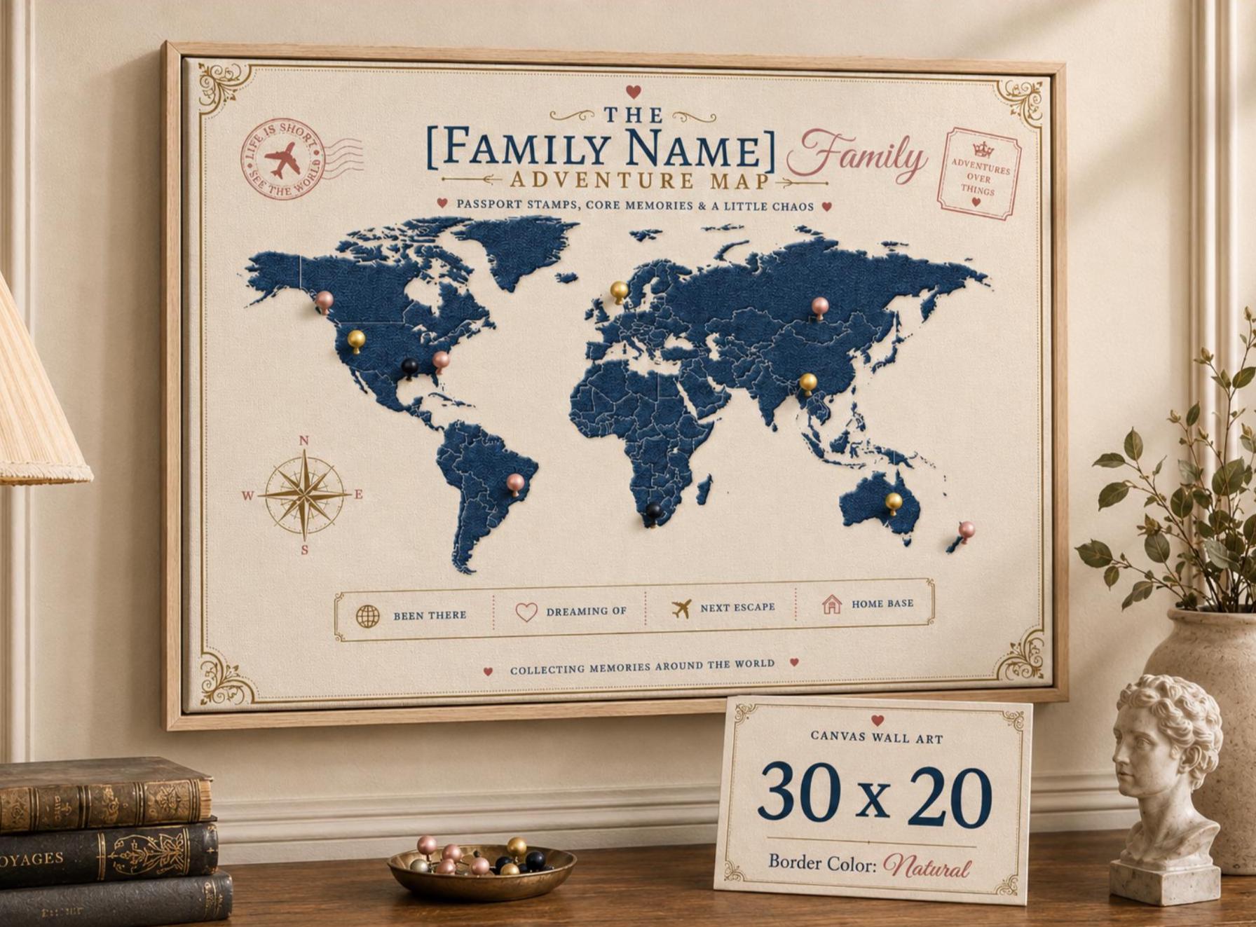 Custom family adventure map canvas with natural frame, push pin style world map wall decor, personalized travel gift for families and couples.