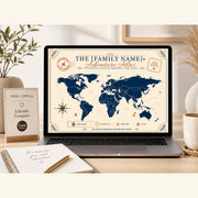 Framed personalized adventure atlas world map displayed on a cozy home decor shelf with plants, books, and a customizable Canva template sign.