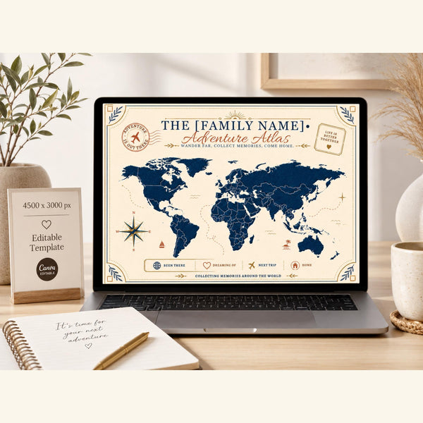 Framed personalized adventure atlas world map displayed on a cozy home decor shelf with plants, books, and a customizable Canva template sign.