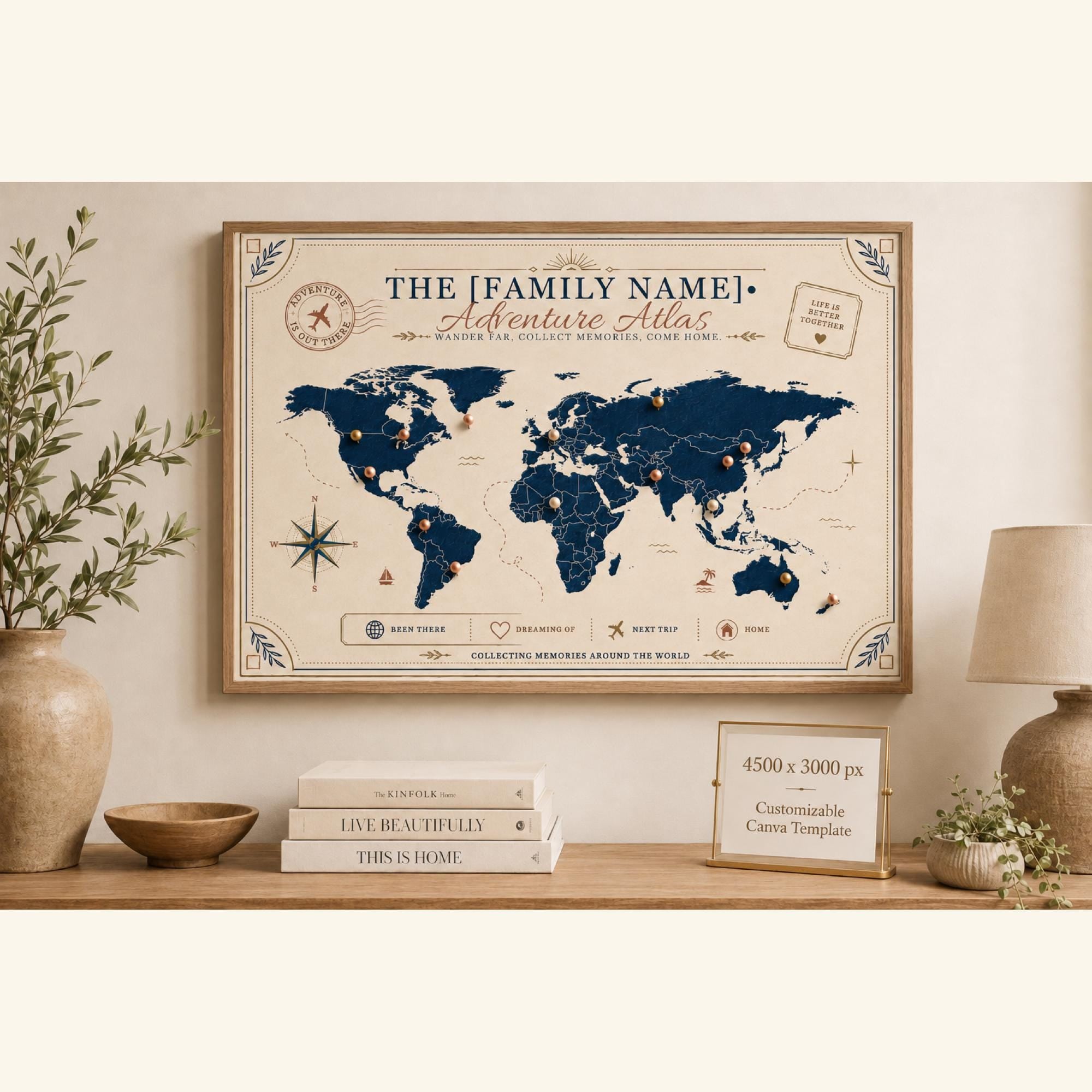 Personalized family adventure atlas poster with navy world map, vintage travel details, compass, and editable family name text.