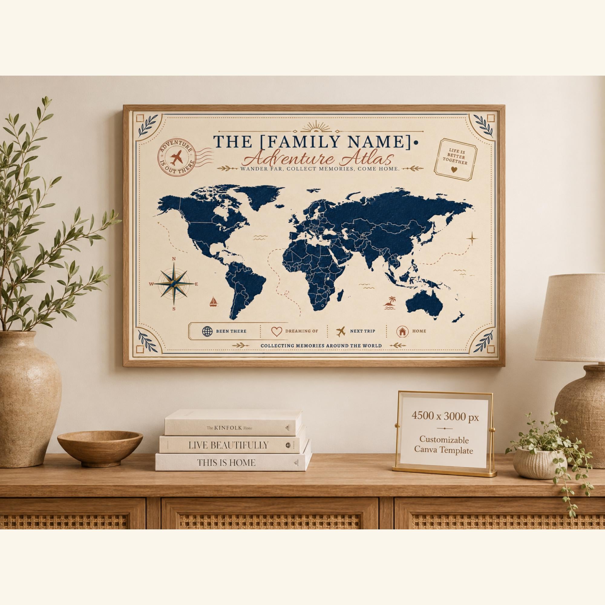 Adventure atlas family travel map wall art in a wooden frame with travel pins, styled in a warm home decor vignette.