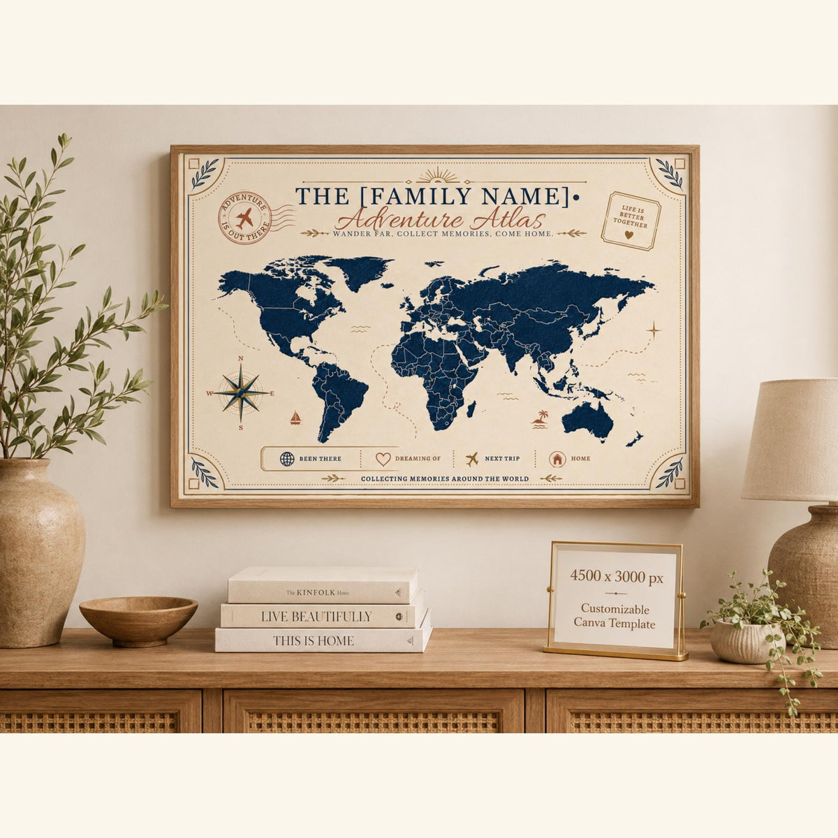 Adventure atlas family travel map wall art in a wooden frame with travel pins, styled in a warm home decor vignette.
