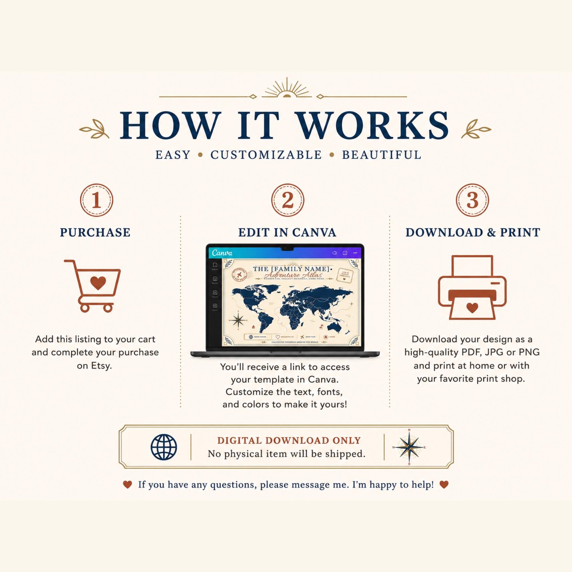 Digital download only information image for vintage adventure atlas Canva template with editable text and printable world map design.