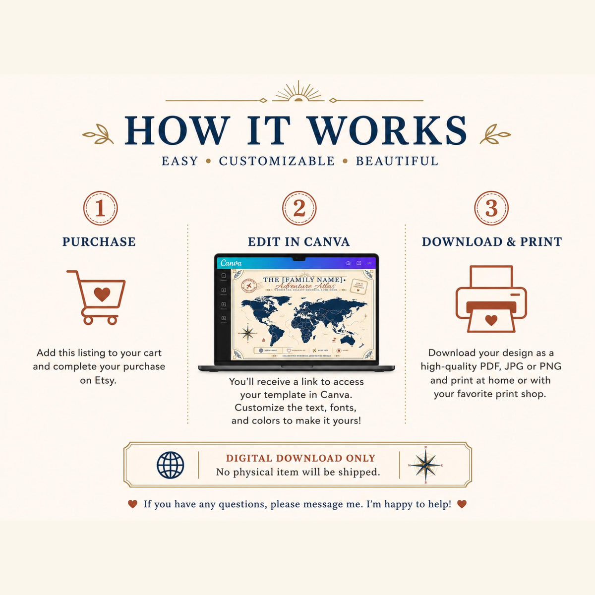 Digital download only information image for vintage adventure atlas Canva template with editable text and printable world map design.