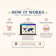 Digital download only information image for vintage adventure atlas Canva template with editable text and printable world map design.