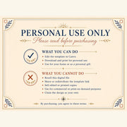 Personal use terms image explaining what buyers can and cannot do with the editable adventure atlas digital template.