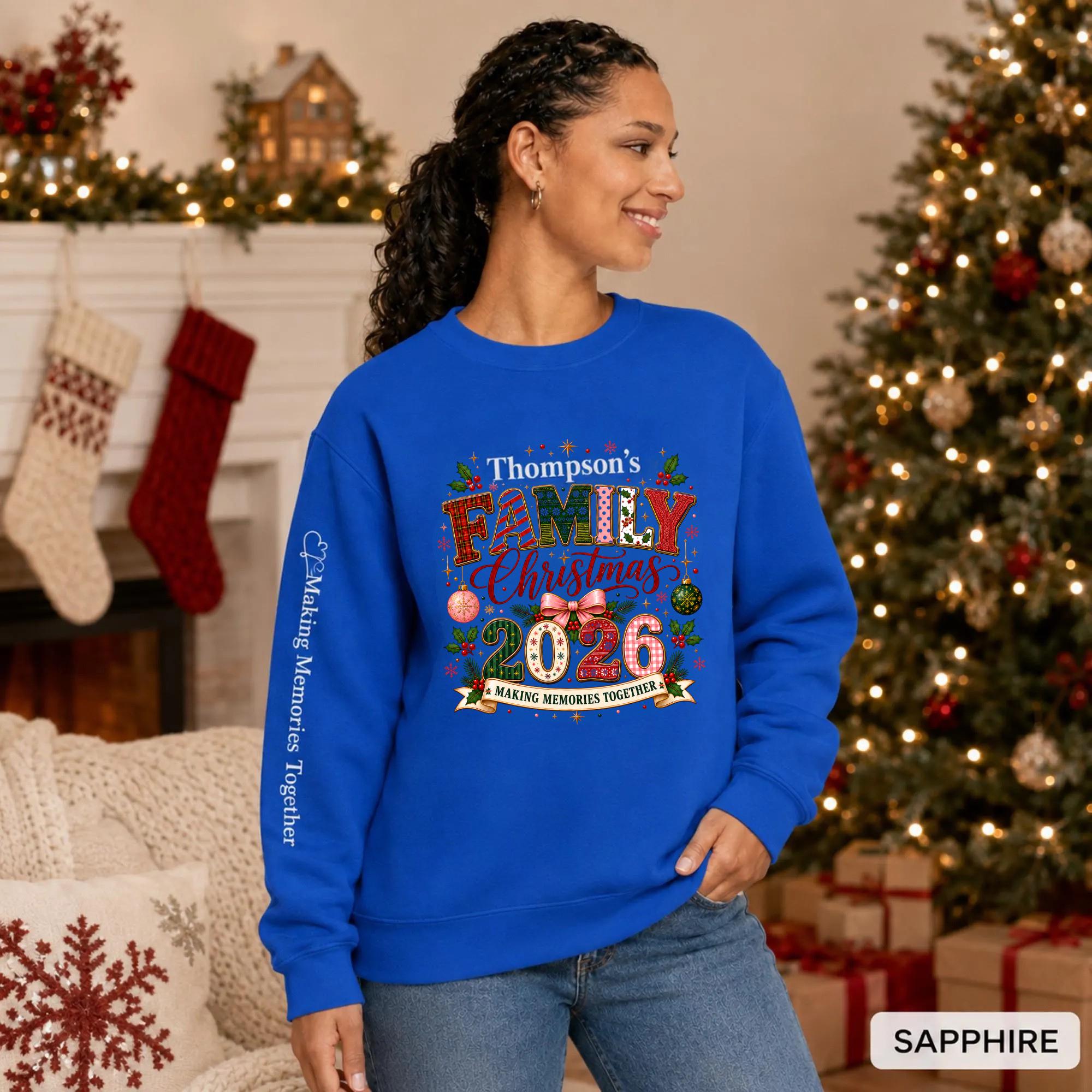 Sapphire Christmas crewneck featuring a personalized Thompson’s Family Christmas 2026 design with festive lettering and sleeve text.