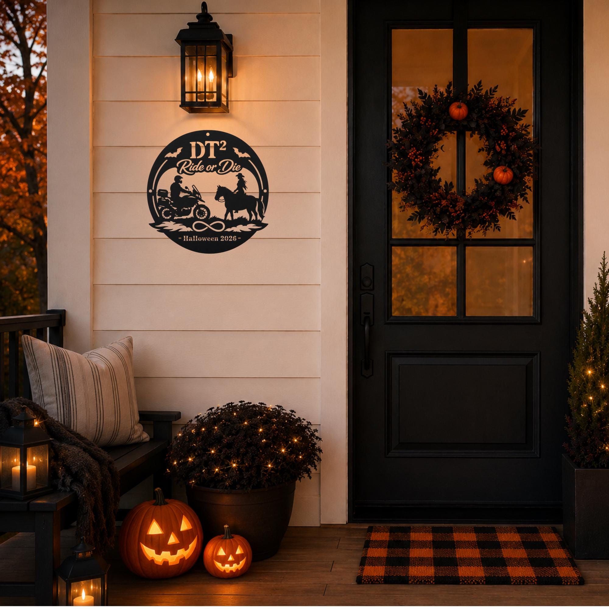 Personalized black “Ride or Die” Halloween metal sign with motorcycle rider, horseback rider, bats, infinity symbol, custom initials, and year displayed on a decorated front porch.
