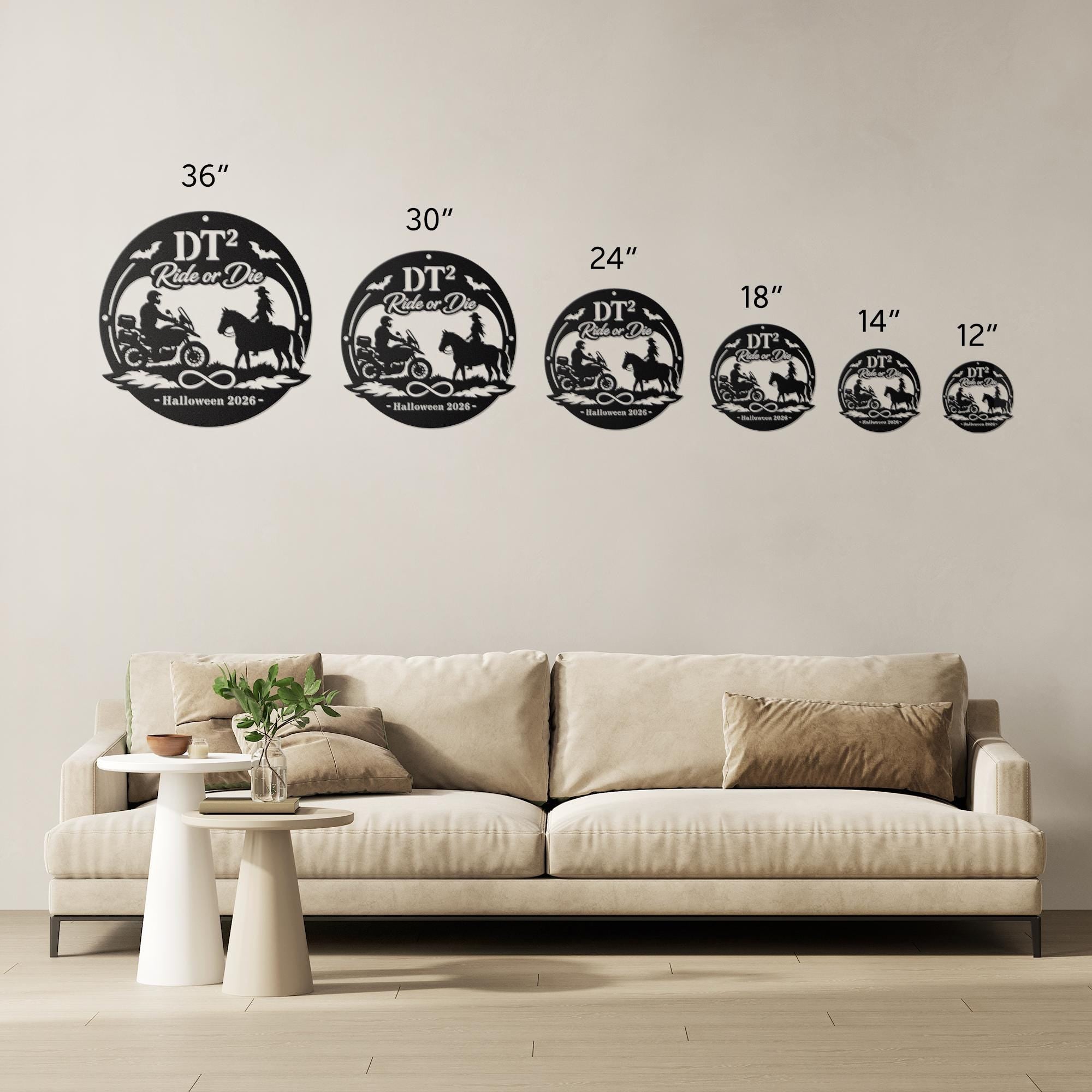 Personalized sizes for the “Ride or Die” Halloween metal sign with motorcycle rider, horseback rider, bats, infinity symbol, custom initials, and year displayed on a decorated front porch.