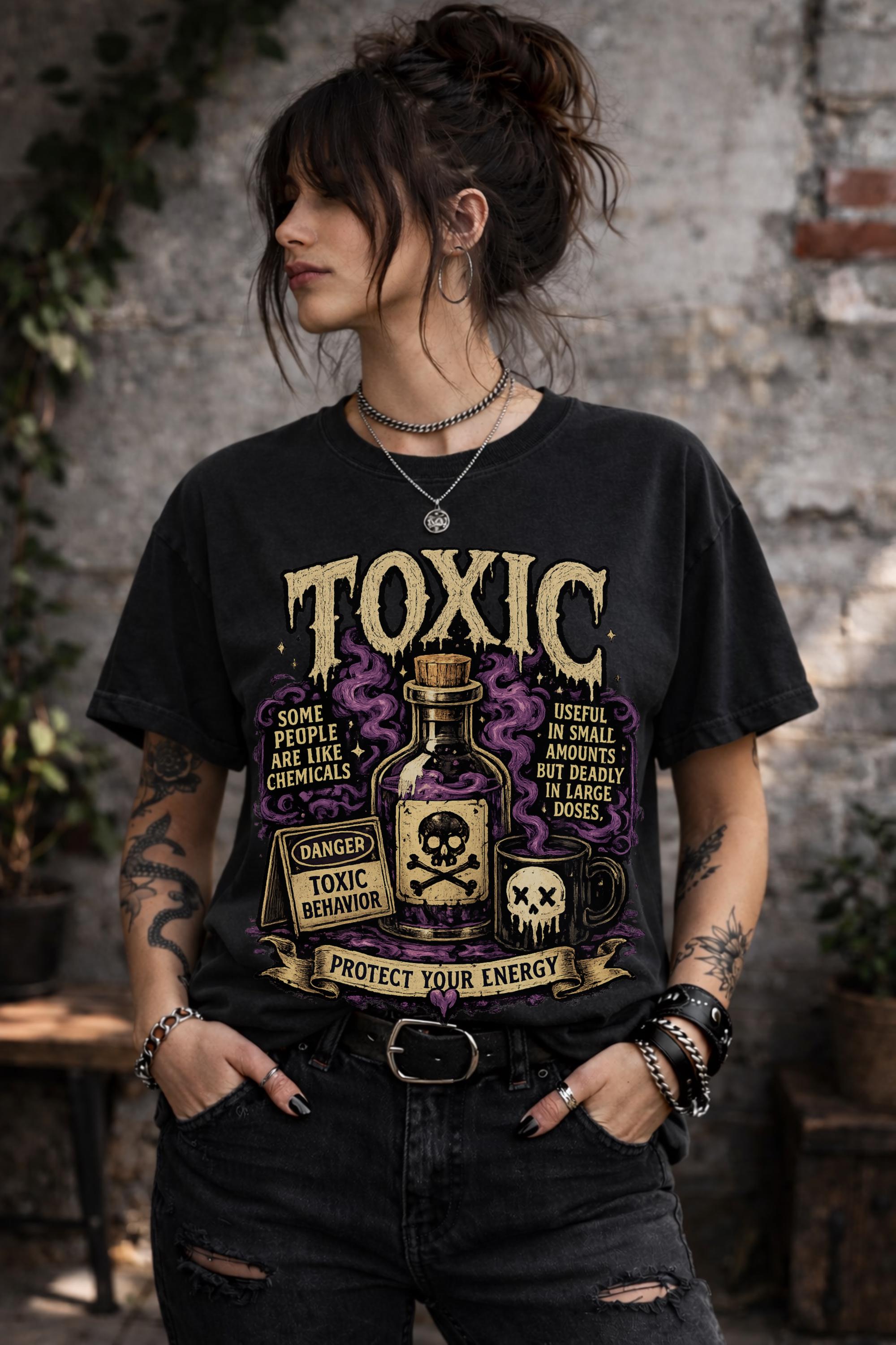 Female model wearing dark humor boundary-setting shirt with vintage toxic chemical bottle artwork