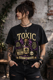 Female model wearing dark humor boundary-setting shirt with vintage toxic chemical bottle artwork