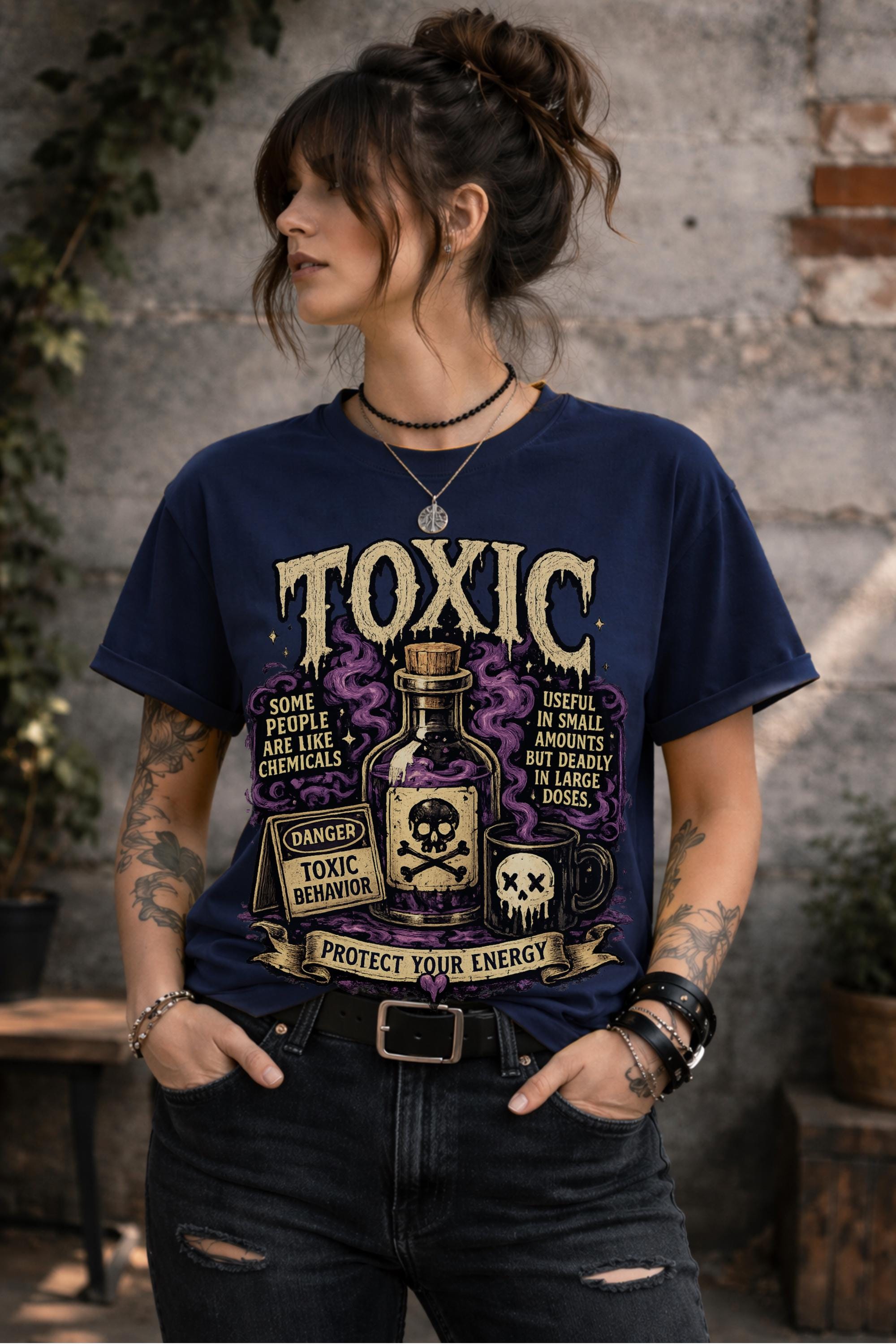 Female model wearing dark humor boundary-setting shirt with vintage toxic chemical bottle artwork