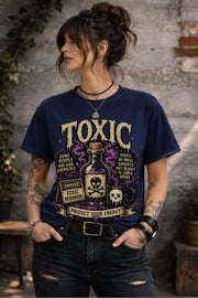 Female model wearing dark humor boundary-setting shirt with vintage toxic chemical bottle artwork