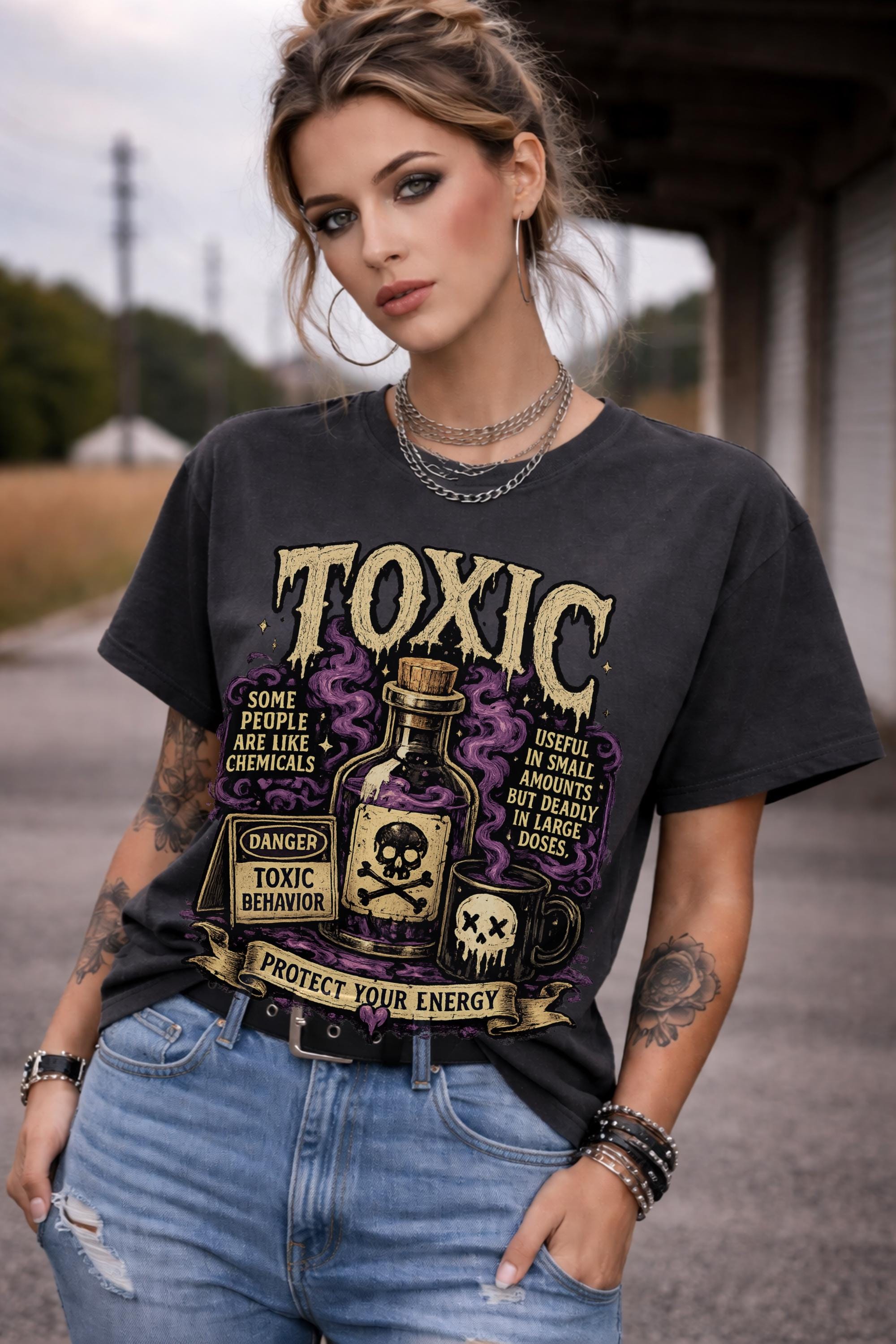 Female model wearing dark humor boundary-setting shirt with vintage toxic chemical bottle artwork