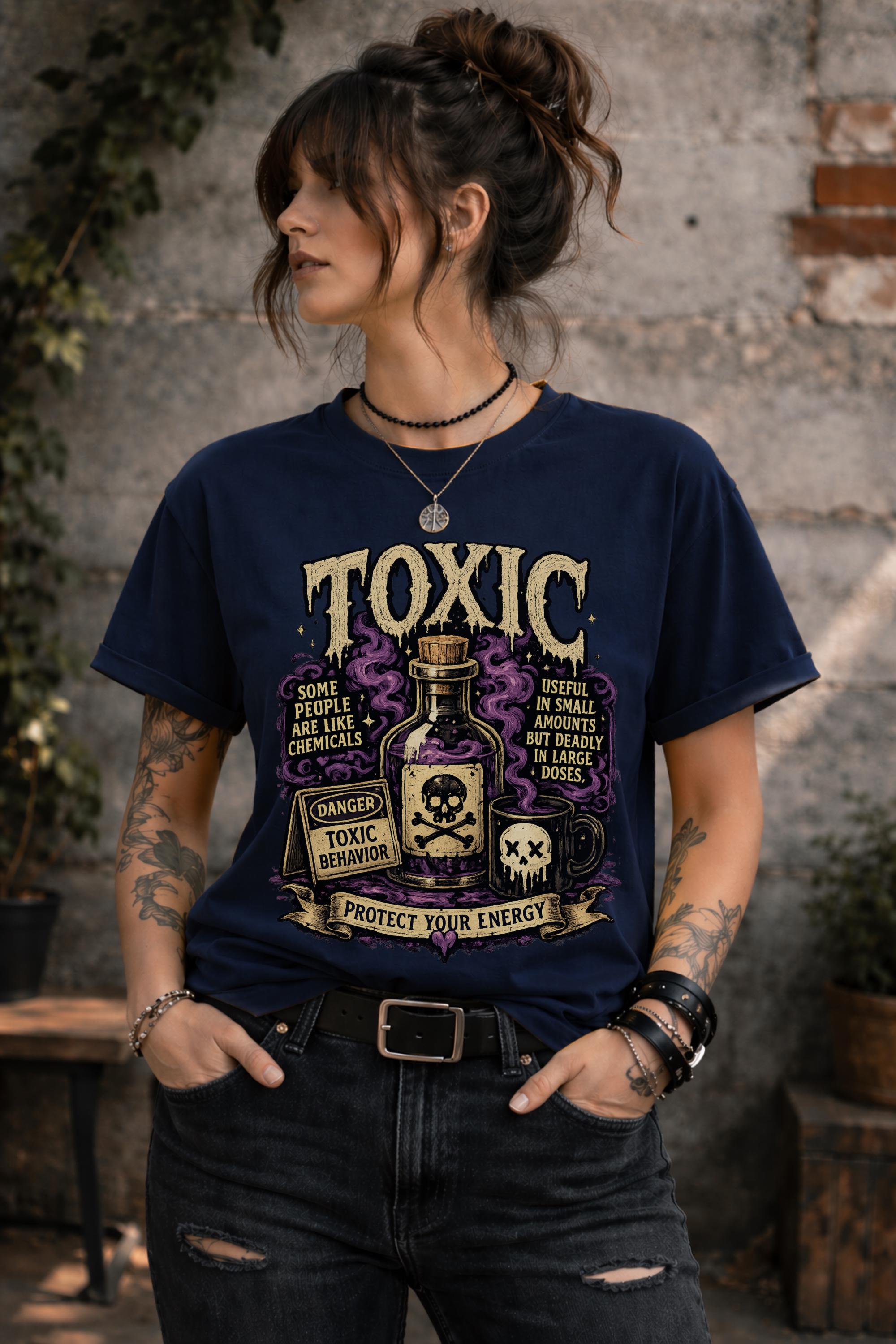 Female model wearing dark humor boundary-setting shirt with vintage toxic chemical bottle artwork