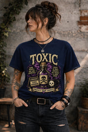 Female model wearing dark humor boundary-setting shirt with vintage toxic chemical bottle artwork
