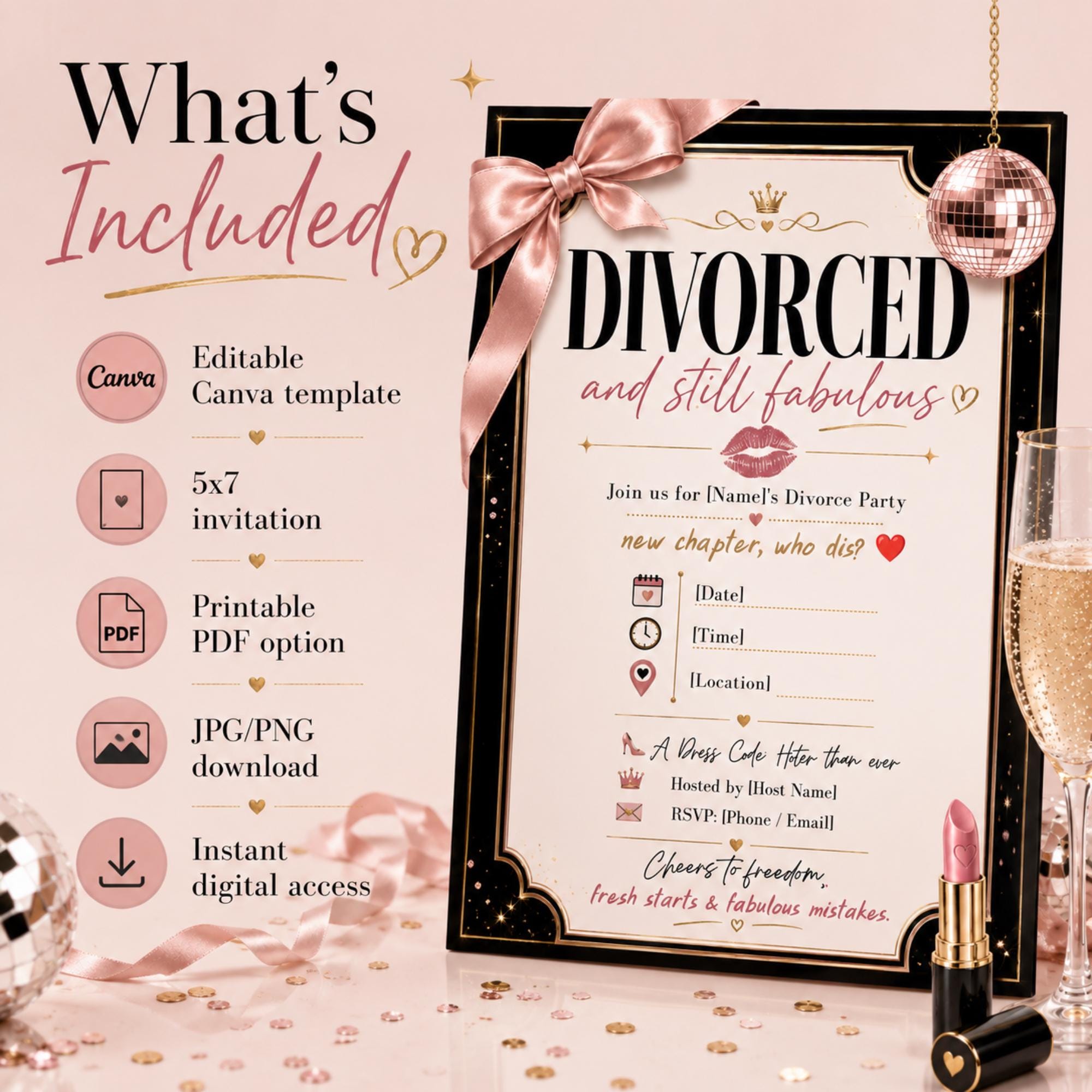 What’s included with the editable Canva divorce invitation: 5x7 template, printable PDF, JPG, PNG and instant access.