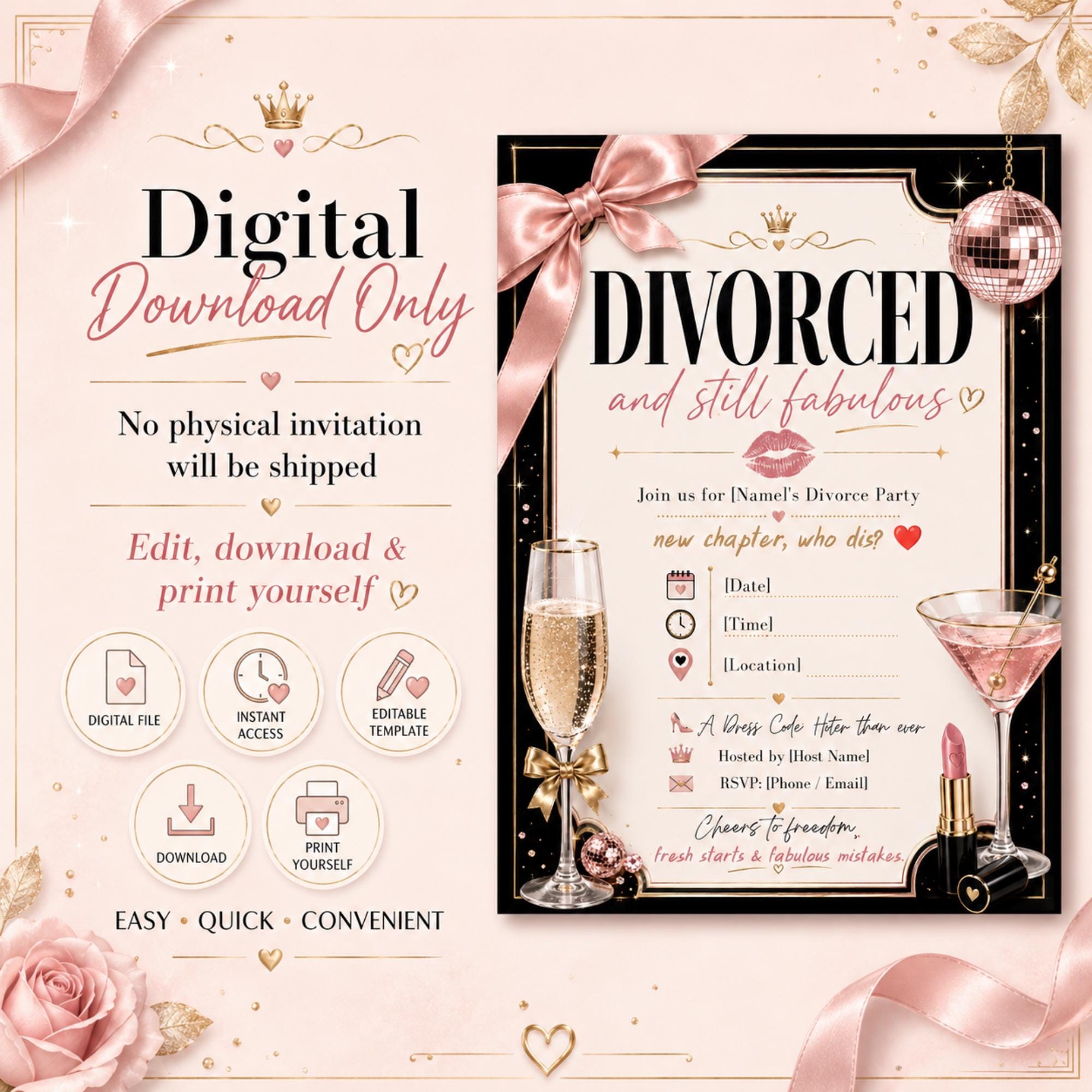 Digital divorce party invitation template with instant access, editable details, printable download and no physical item shipped.