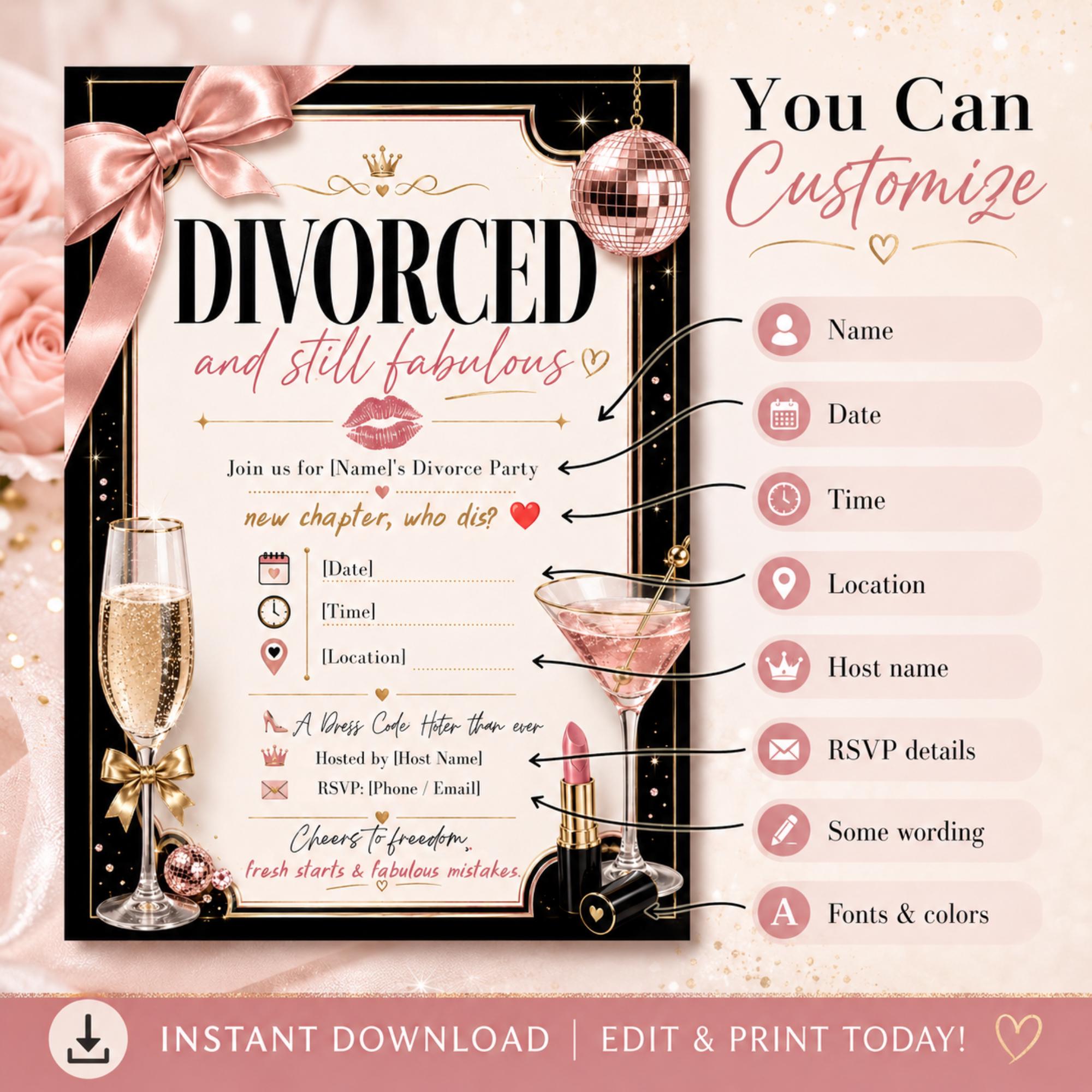 Customizable divorce party invitation showing editable name, date, time, location, host, RSVP, wording, fonts and colors.