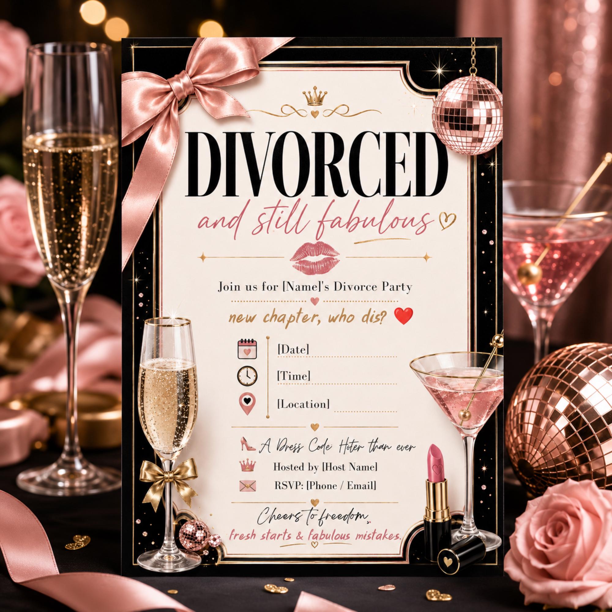 Divorced and Still Fabulous party invitation displayed with champagne, pink cocktail, lipstick, rose and disco ball.