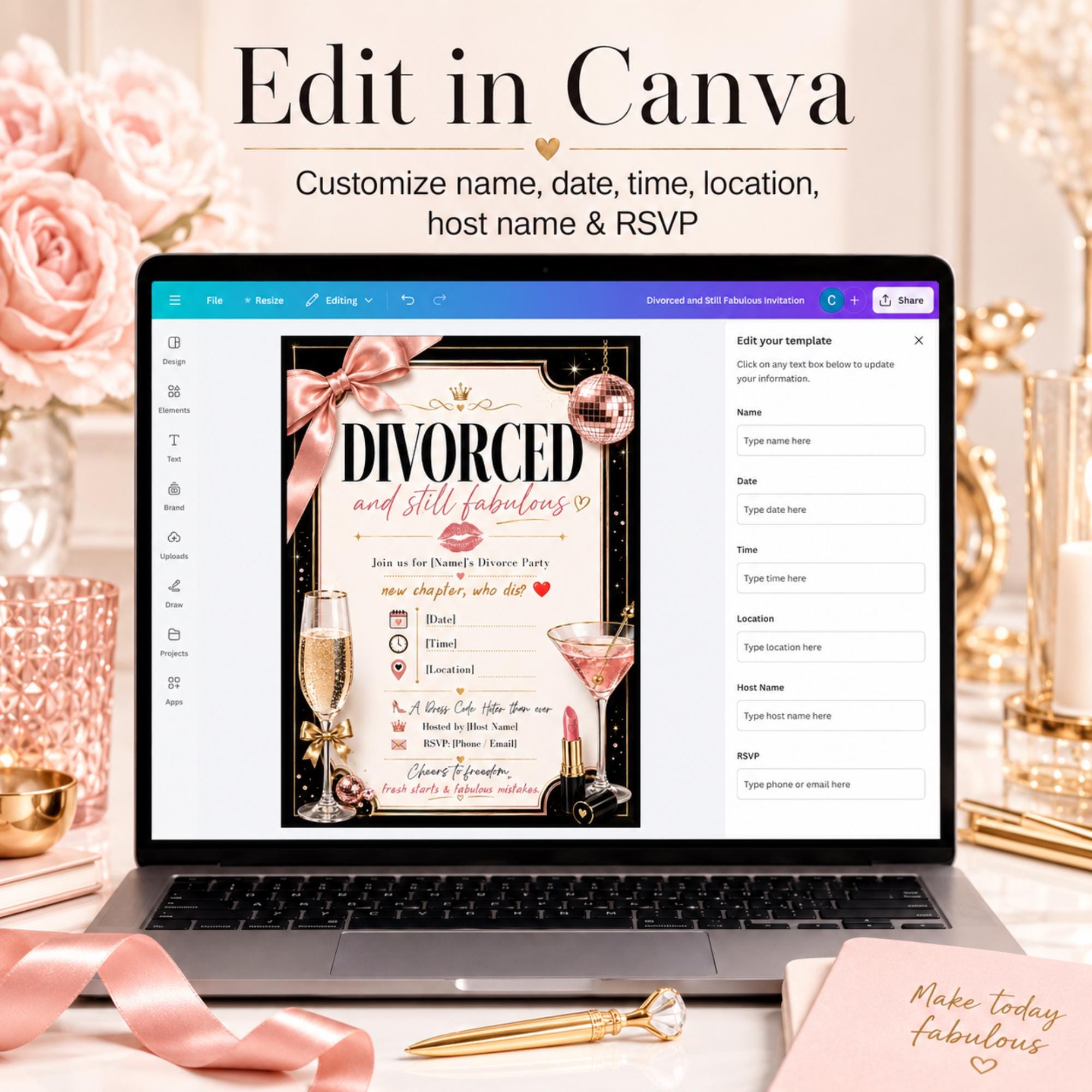 Divorce party invitation shown in Canva with editable name, date, time, location, host name and RSVP information.