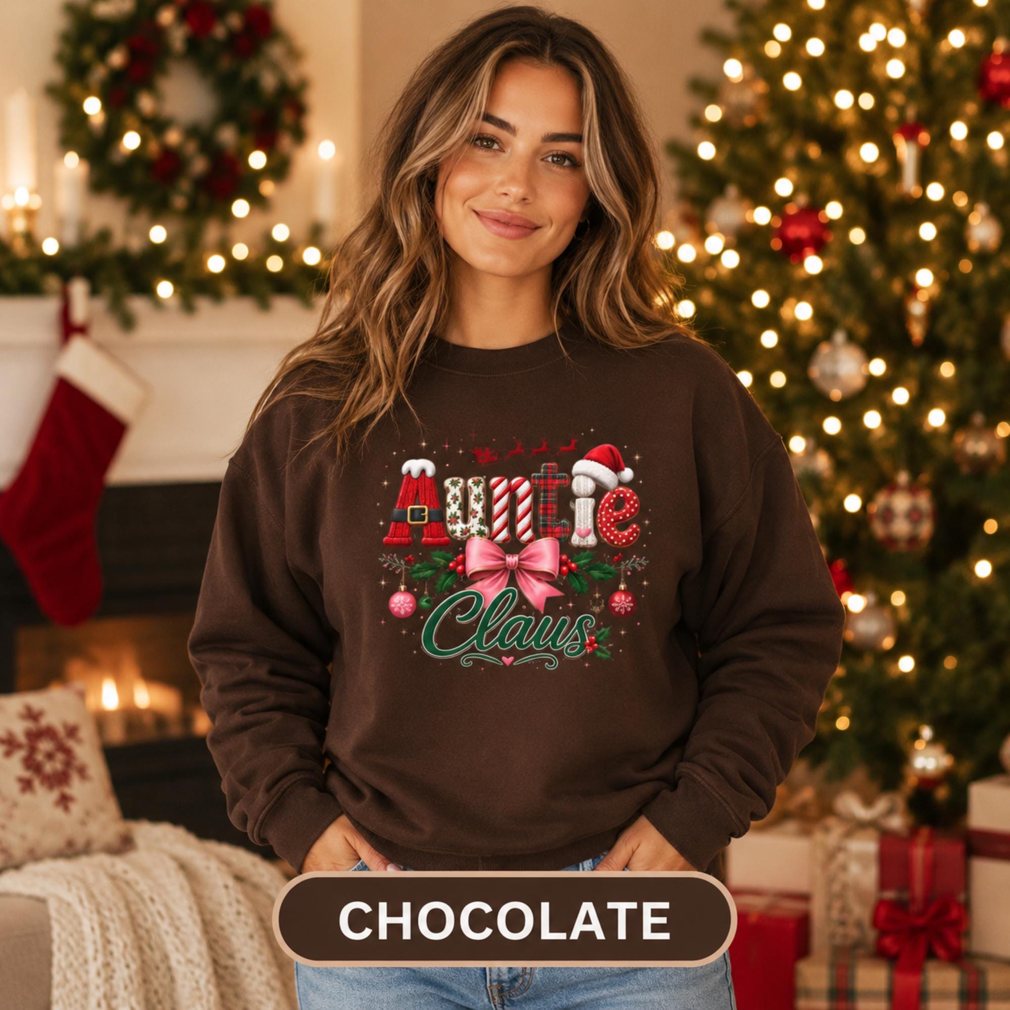 Auntie Christmas gift sweatshirt with playful plaid lettering and vintage-inspired holiday artwork.
