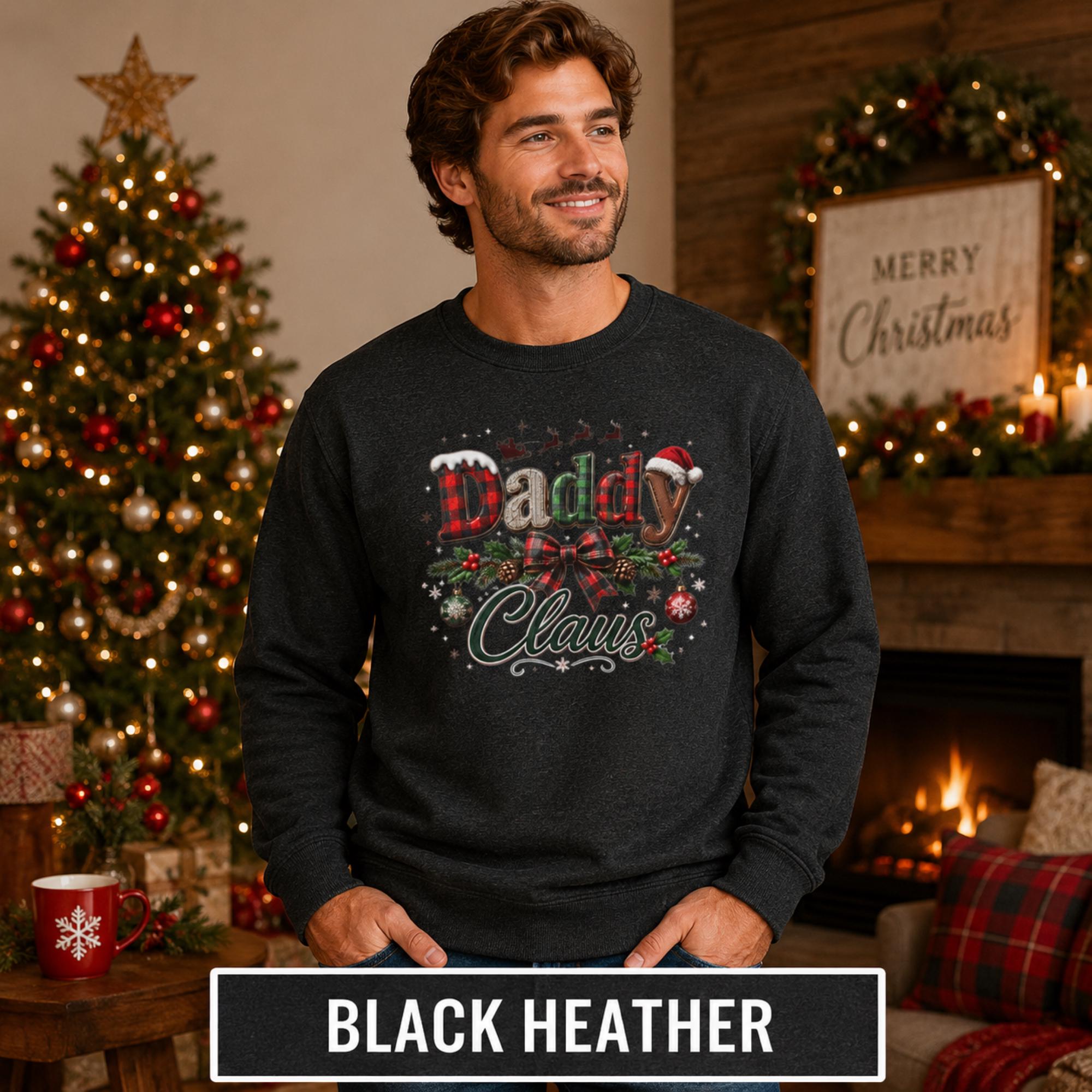 Cozy men’s Christmas sweatshirt styled in a festive living room with a decorated tree, fireplace, and wrapped gifts.