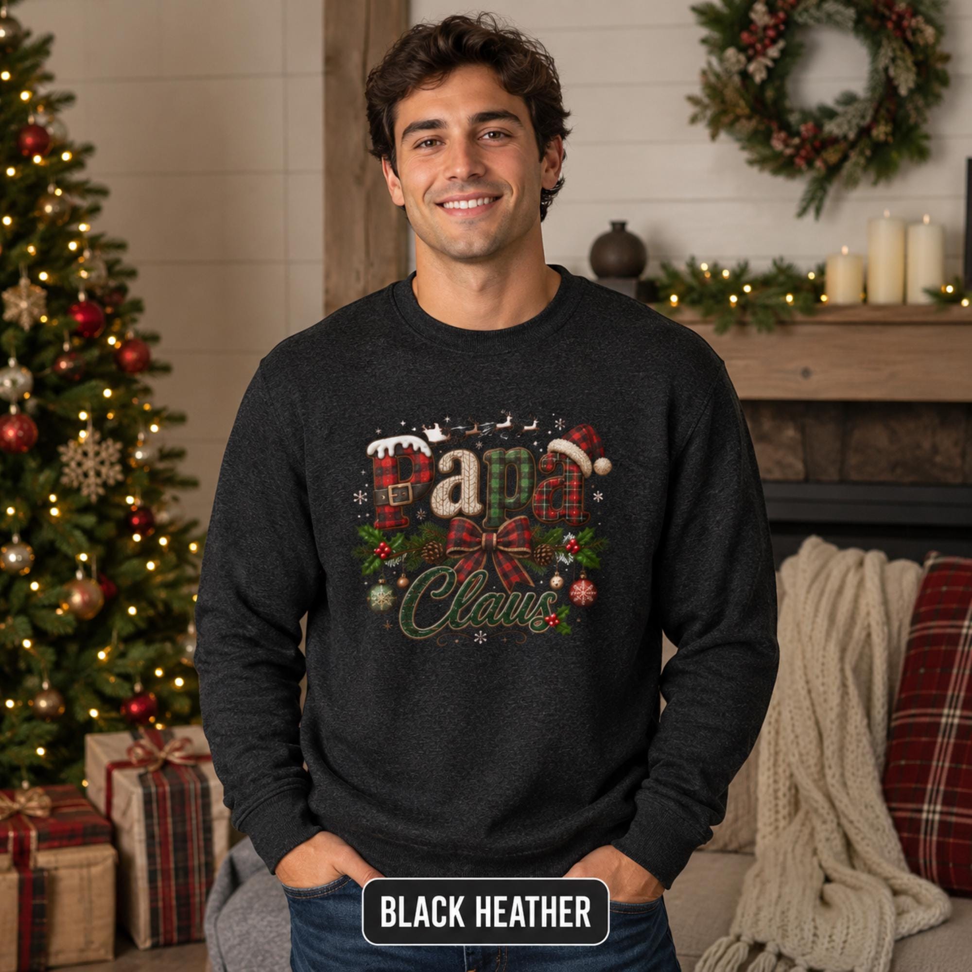 Christmas gift for Papa featuring a soft black heather crewneck with a classic vintage holiday design.