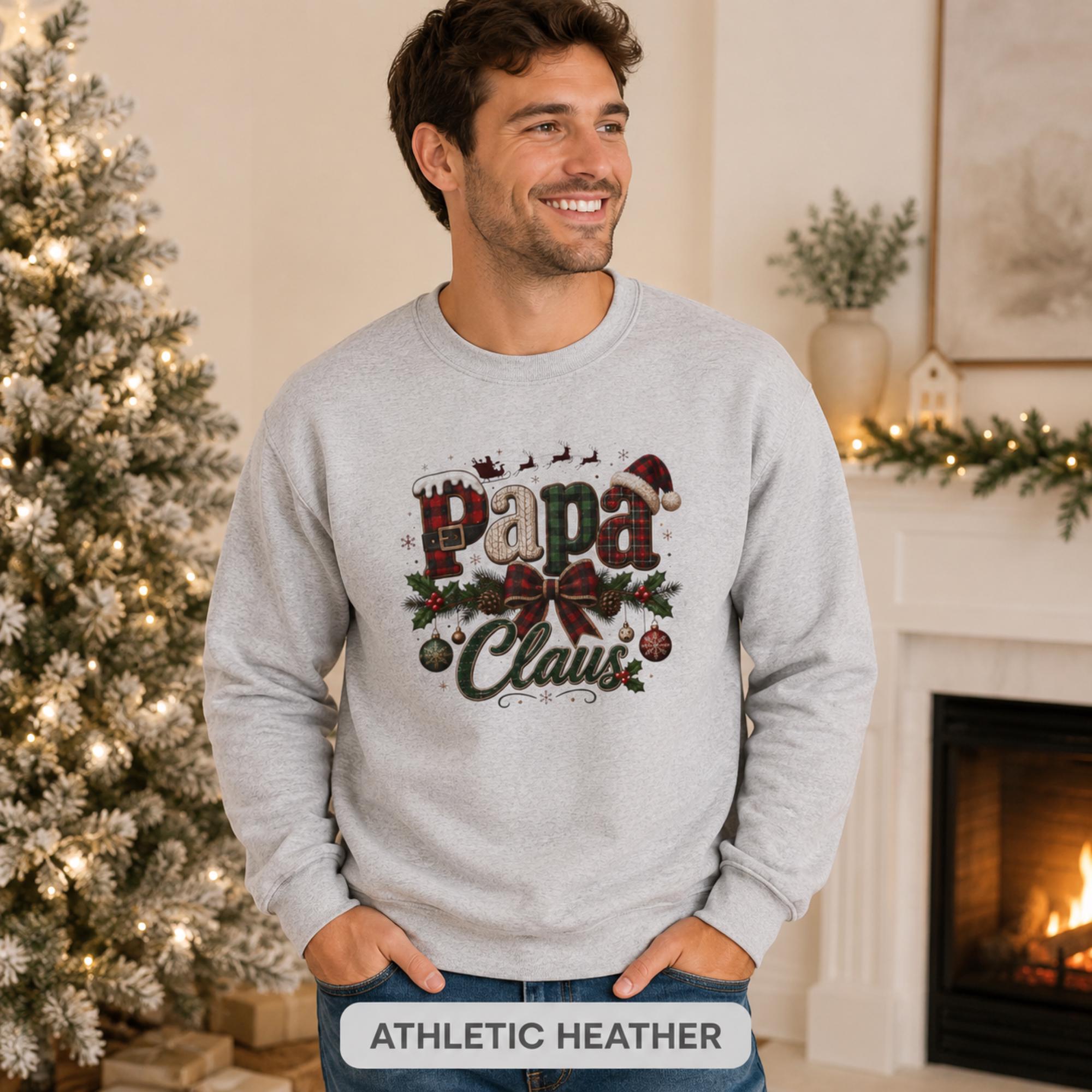 Athletic heather unisex Christmas crewneck featuring a festive Papa Claus graphic with traditional holiday colors.