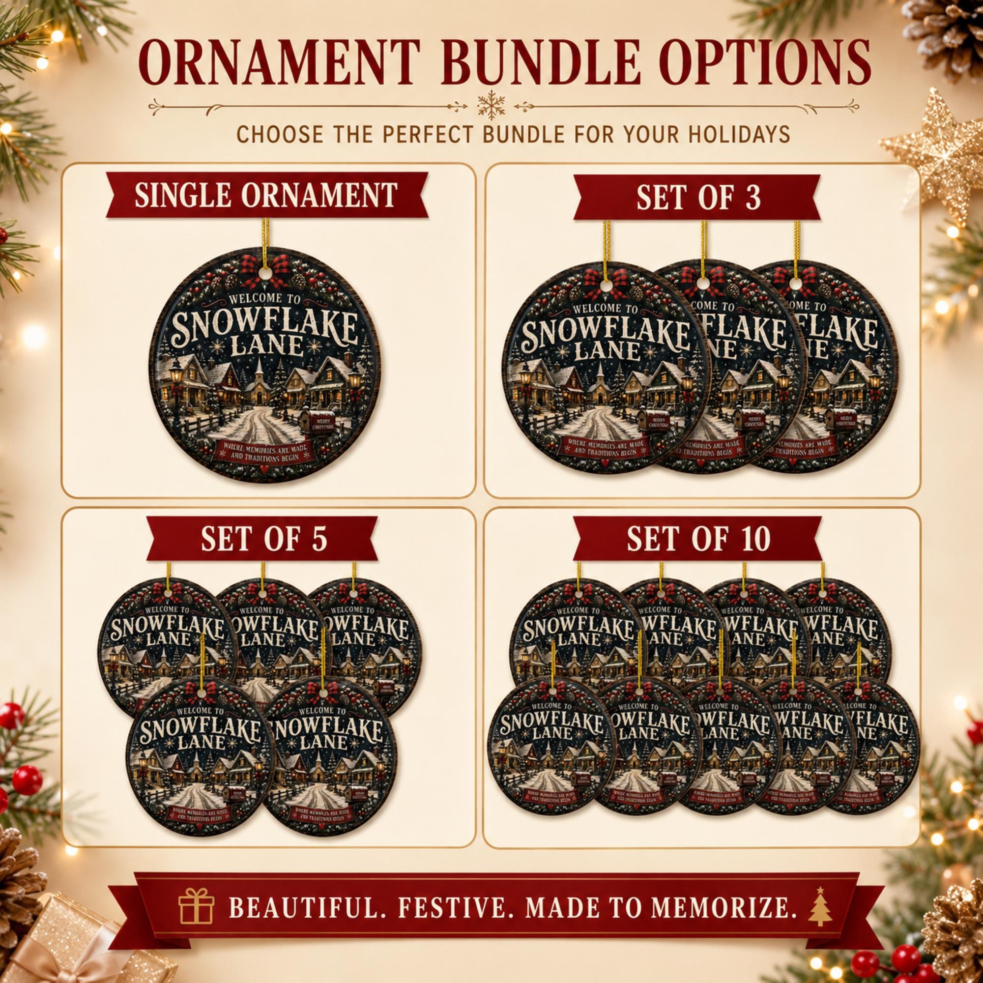 Vintage-inspired Christmas ornament bundle for winter village collectors, families, and cozy farmhouse holiday décor.