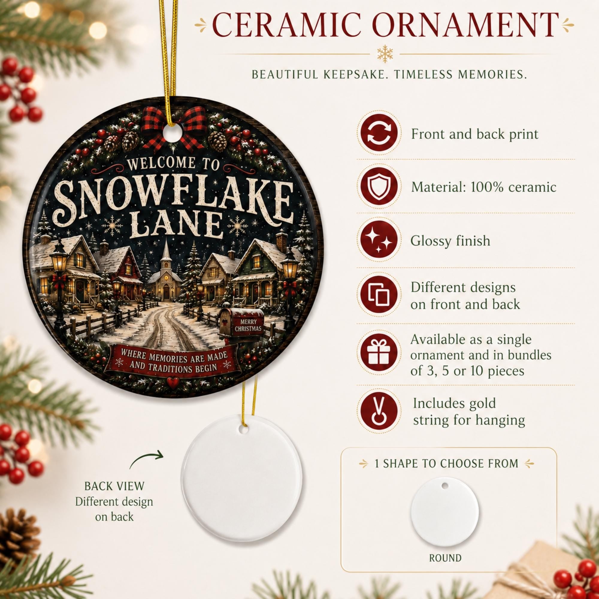 Snowflake Lane keepsake ornament front & back displayed among evergreen branches with soft golden Christmas lights in the background.