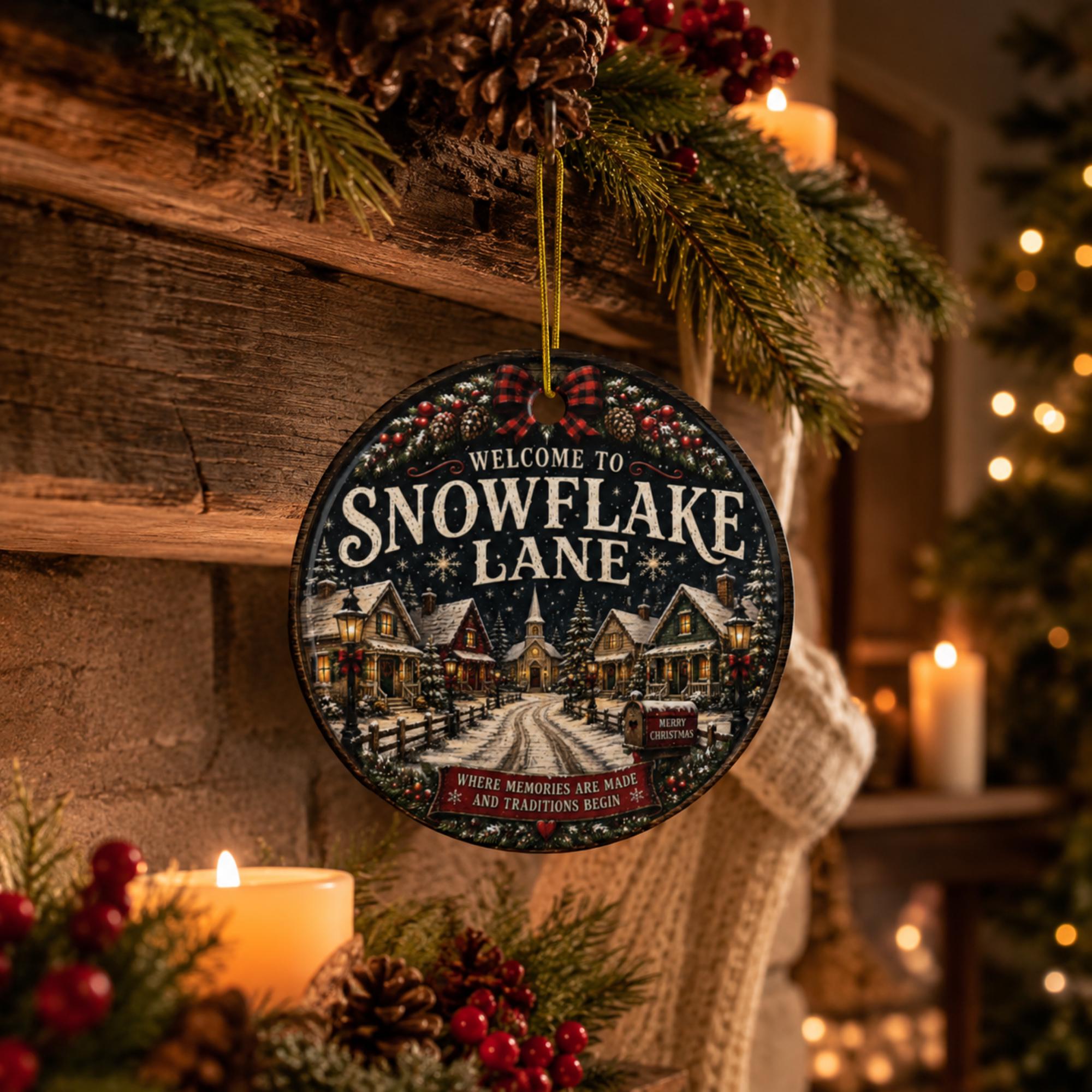 Rustic holiday ornament featuring a charming winter street scene, church steeple, snowflakes, and warm cottage lights.