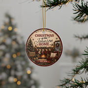 Round porcelain Christmas ornament personalized with family name and EST. year, displayed on a festive Christmas tree.