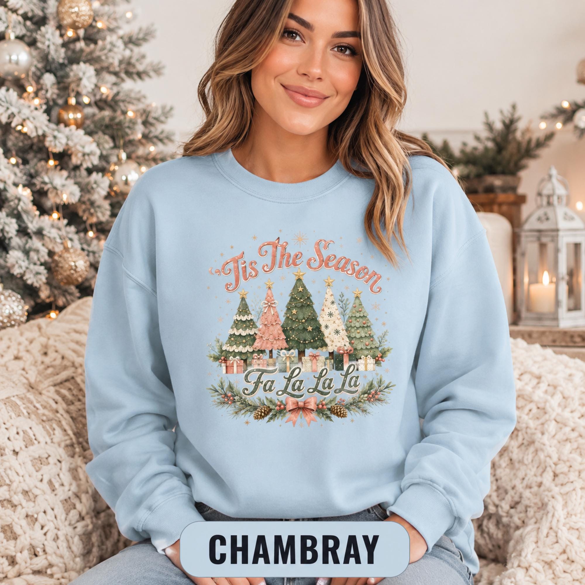 Cozy holiday crewneck sweatshirt featuring festive Christmas trees, gifts, bows, and vintage Christmas typography.