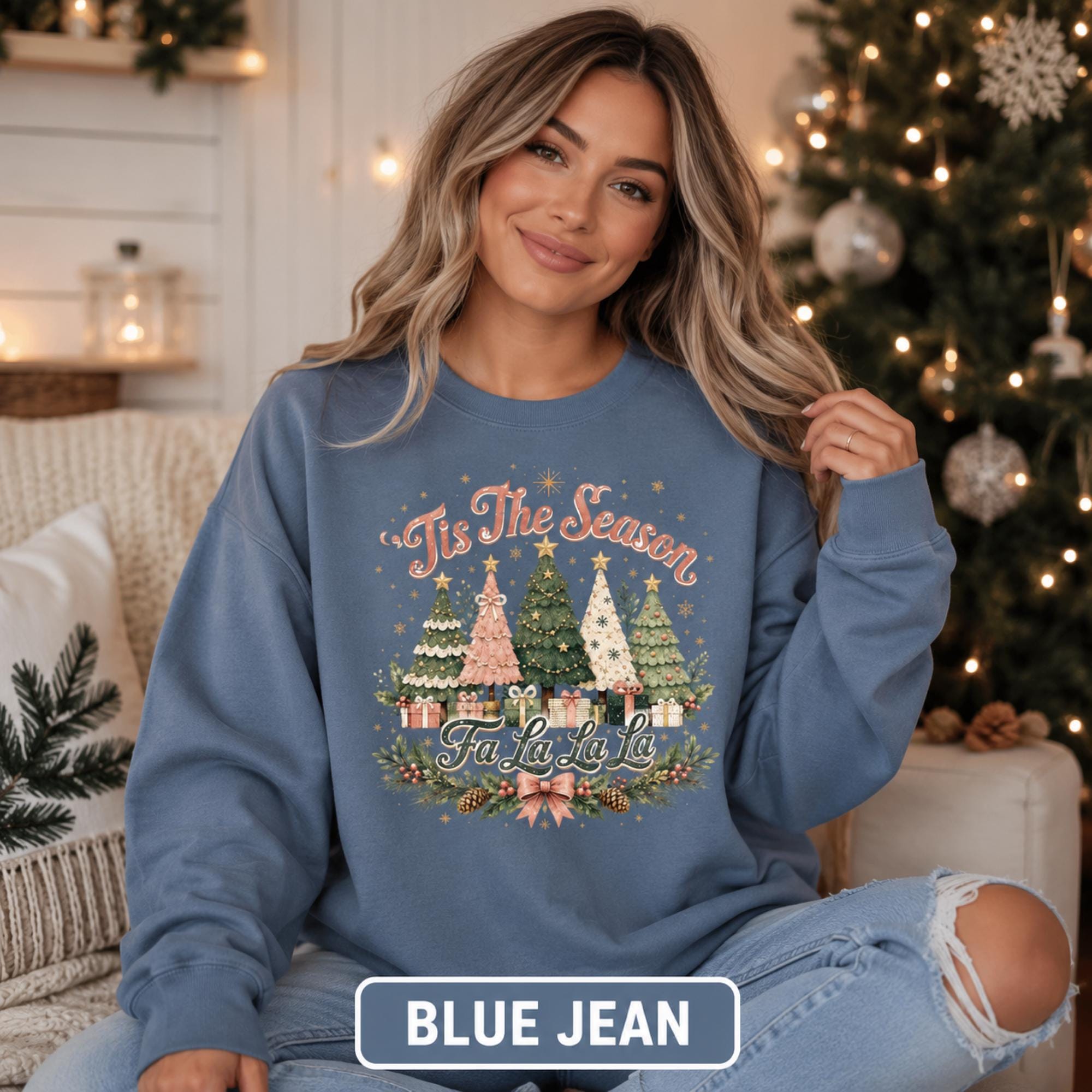 Blue jean Christmas sweatshirt with retro holiday tree design, perfect for Christmas parties and winter outfits.