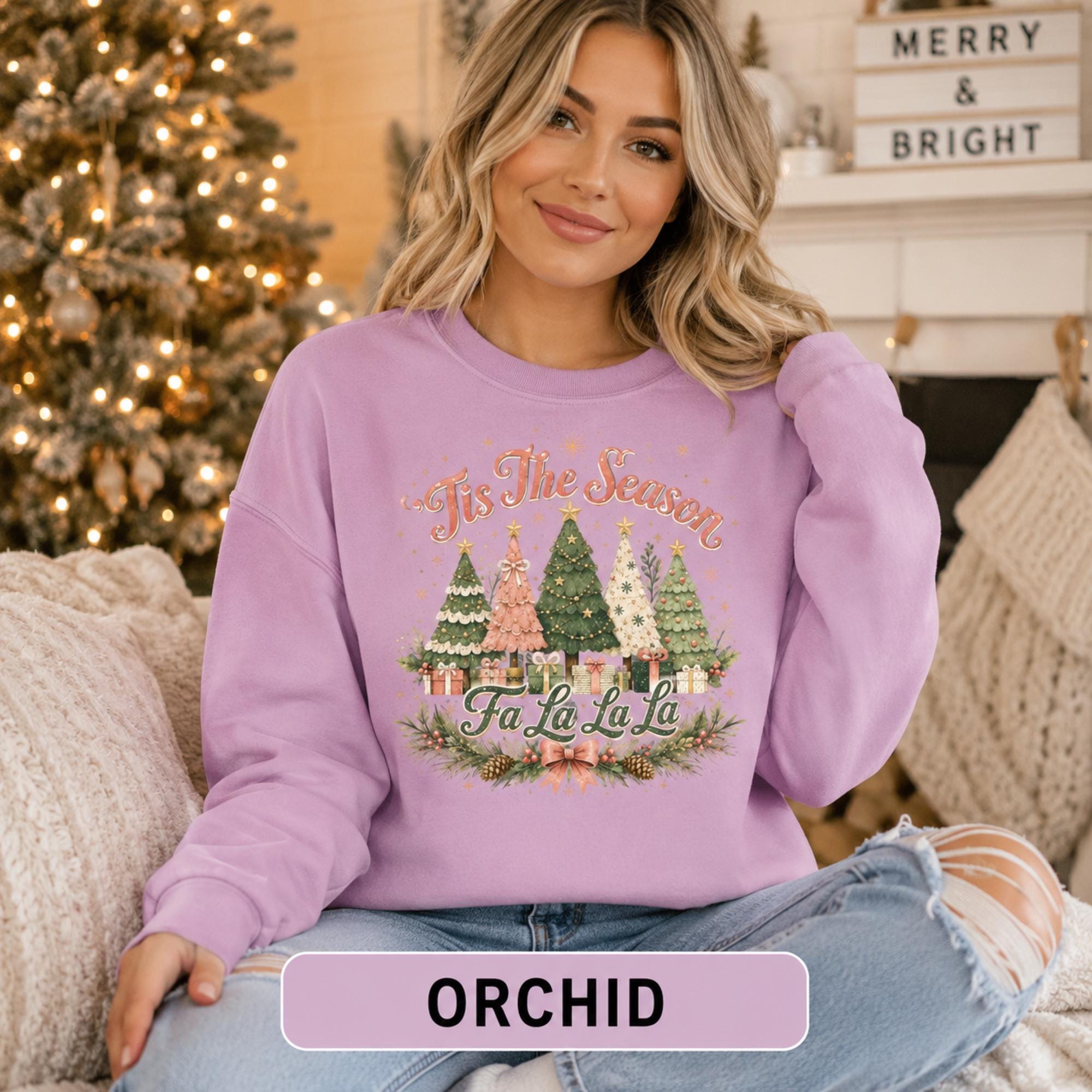 Cute holiday sweatshirt for women with whimsical Christmas trees, wrapped presents, stars, and winter greenery.