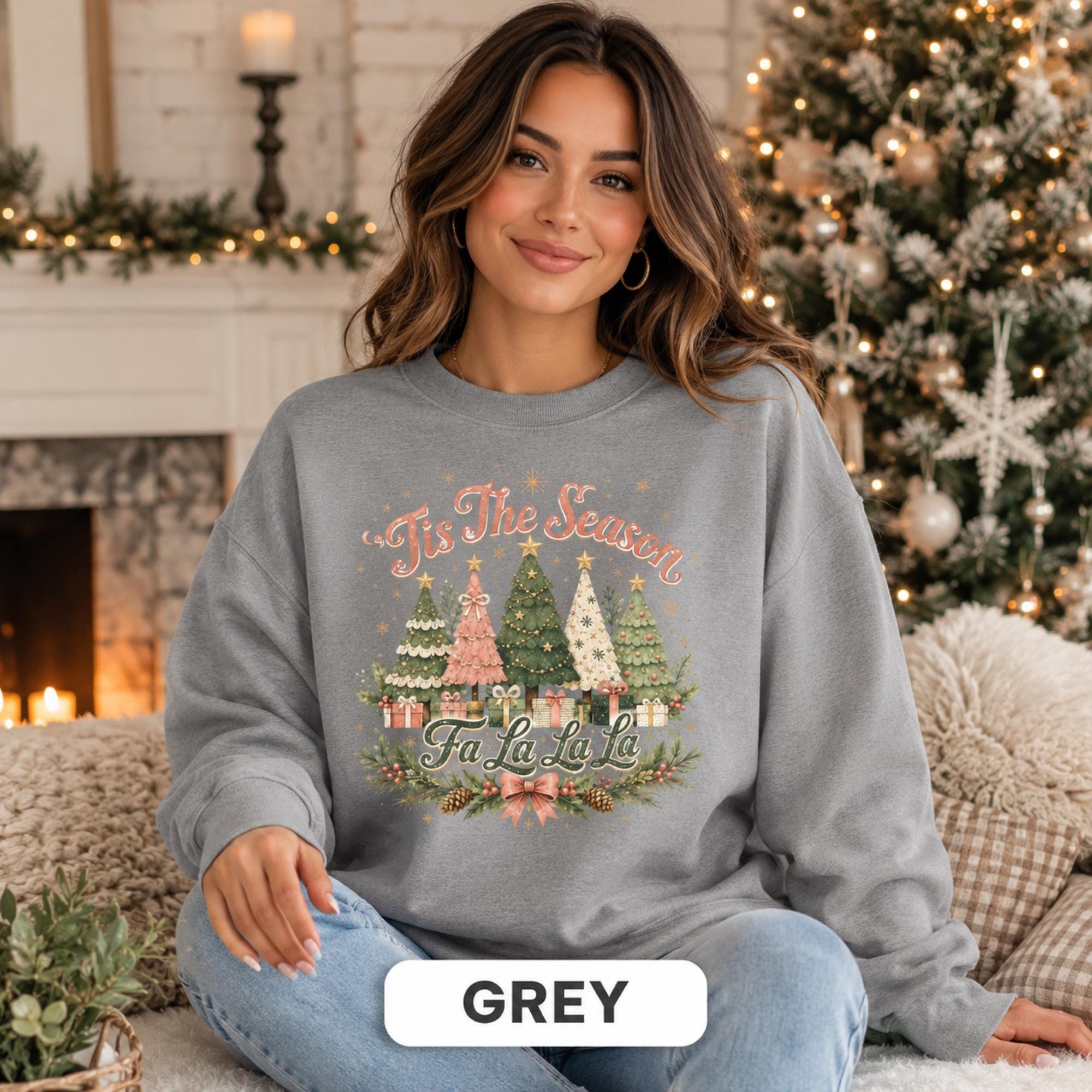 Holiday gift idea for her featuring a cozy Christmas sweatshirt with 'Tis the Season Fa La La La' vintage design.