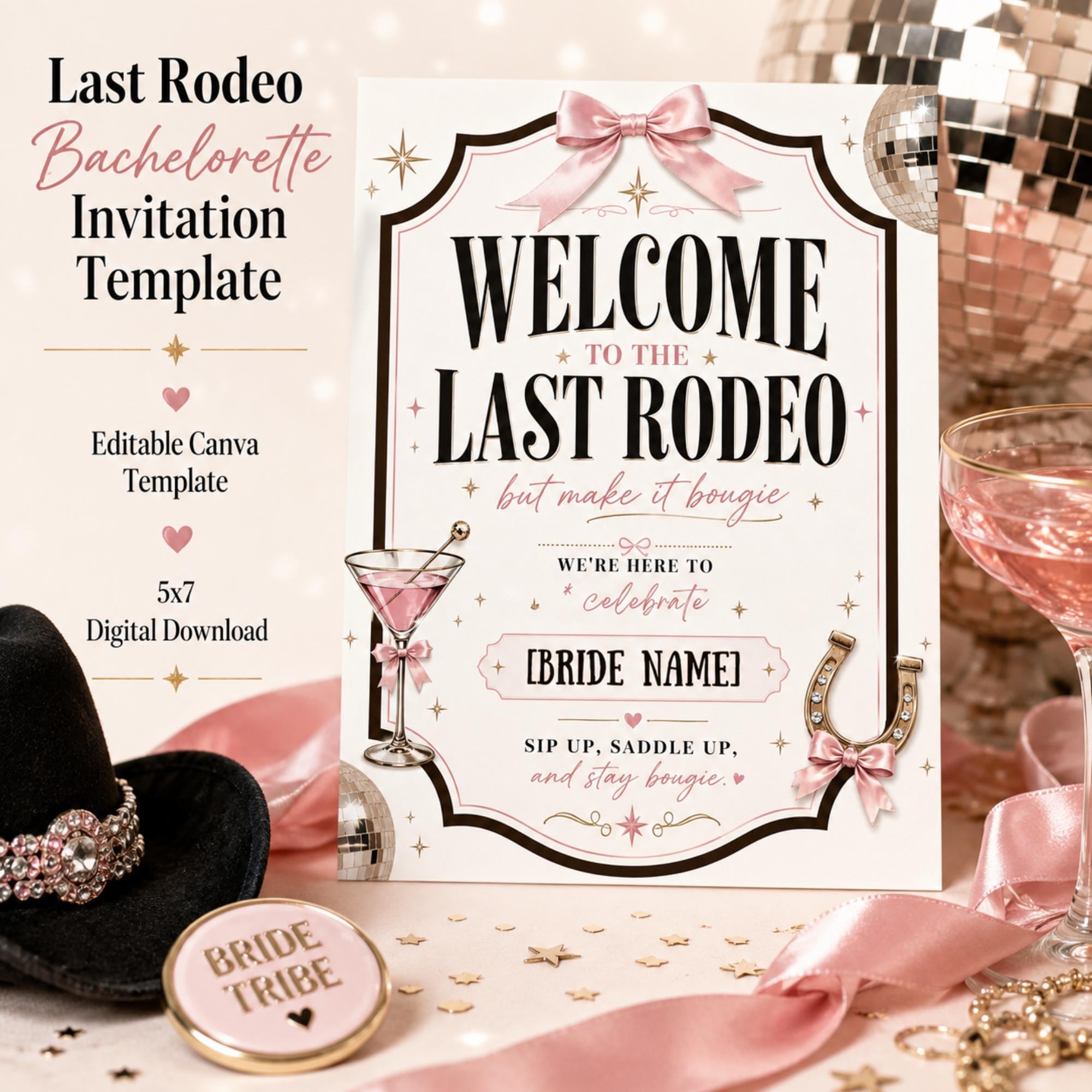 Last Rodeo bachelorette invitation template with pink bow, horseshoe, cocktail, disco balls and western bridal party decor.