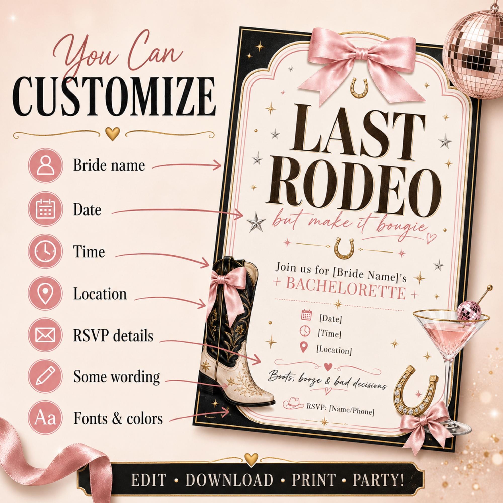 Customizable Last Rodeo bachelorette invitation showing editable bride name, date, time, location, RSVP, wording, fonts and colors.