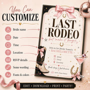 Customizable Last Rodeo bachelorette invitation showing editable bride name, date, time, location, RSVP, wording, fonts and colors.