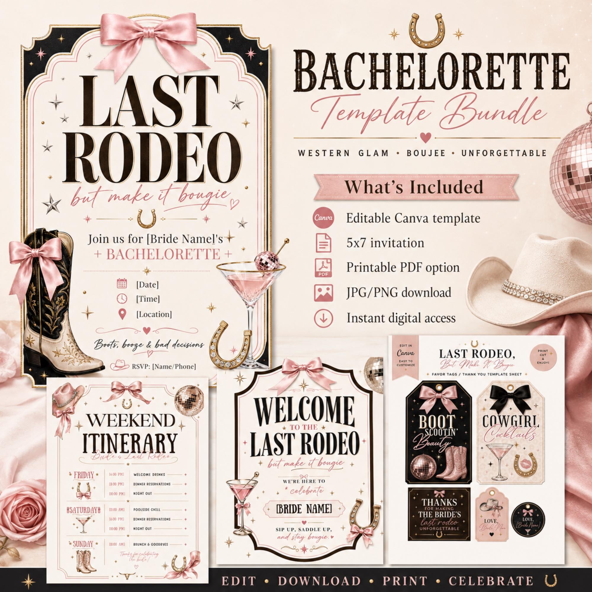 Last Rodeo bachelorette template bundle featuring an editable invitation, weekend itinerary, welcome sign and printable favor tags.