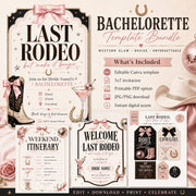 Last Rodeo bachelorette template bundle featuring an editable invitation, weekend itinerary, welcome sign and printable favor tags.